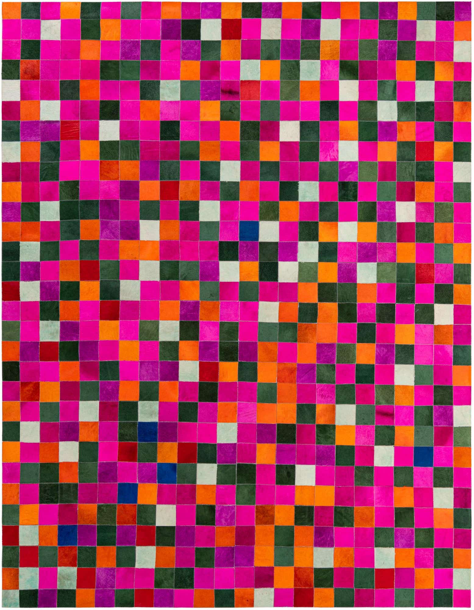 A vibrant 8x10 rectangular patchwork cowhide rug featuring a modern grid pattern in fuchsia, orange, green, and white squares.