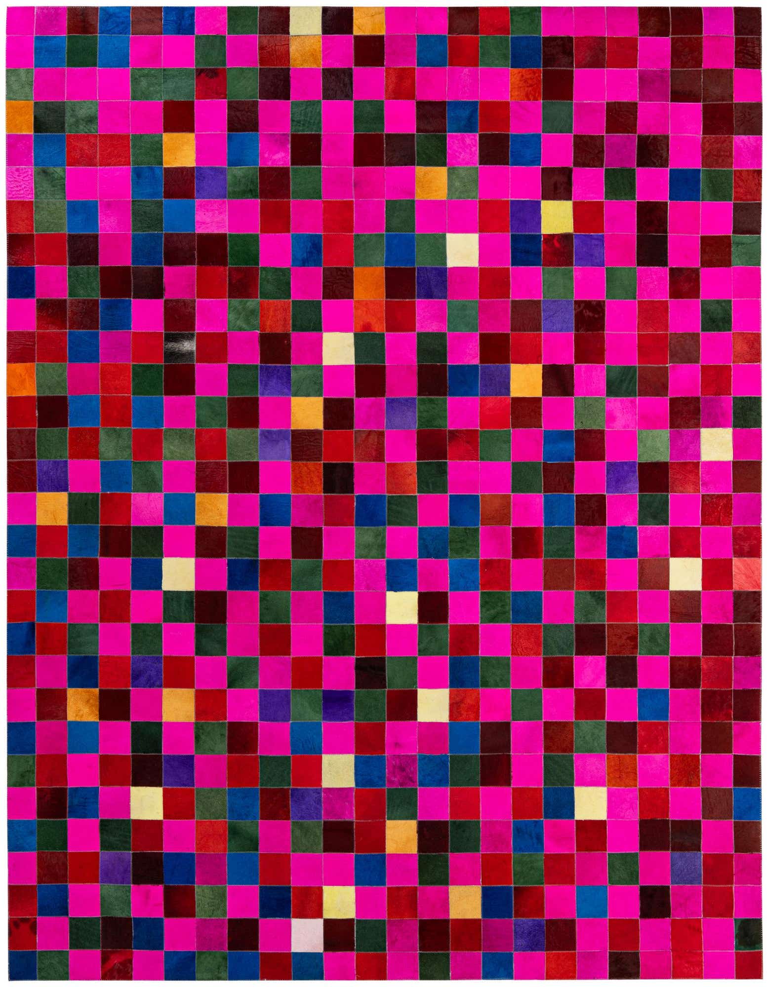 A vibrant 8x10 rectangular patchwork cowhide rug, featuring a modern grid of fuchsia, blue, green, red, and yellow squares.