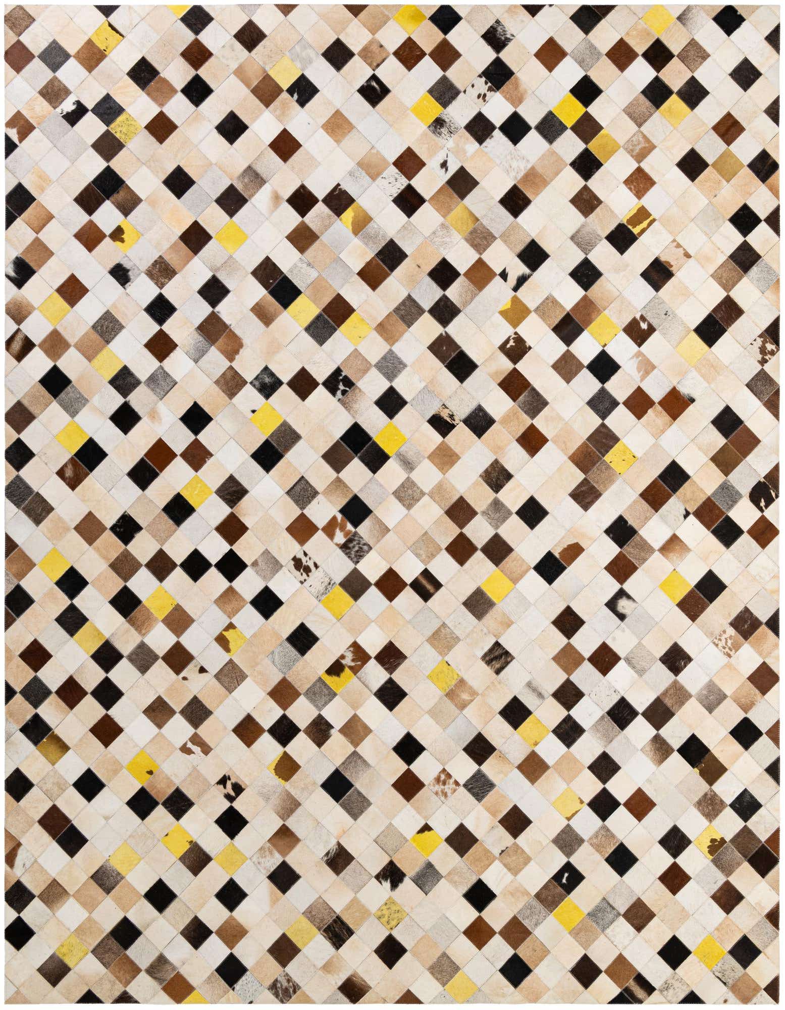 8x10 rectangular modern patchwork cowhide rug with multi-colored squares in brown, black, cream, and yellow.