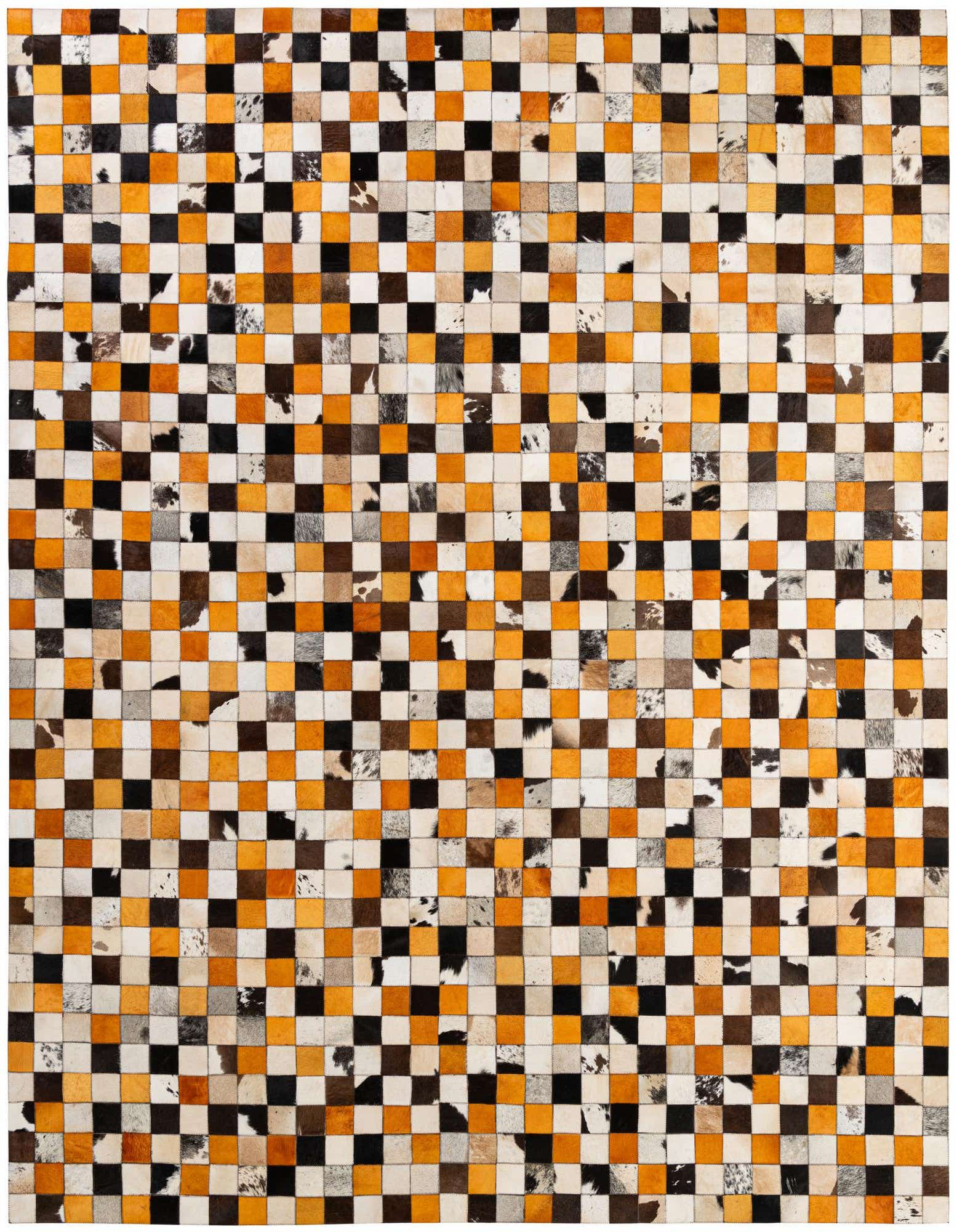 8x10 rectangular Cowhide Patchwork rug featuring a modern checkerboard pattern in black, white, brown, and orange squares.