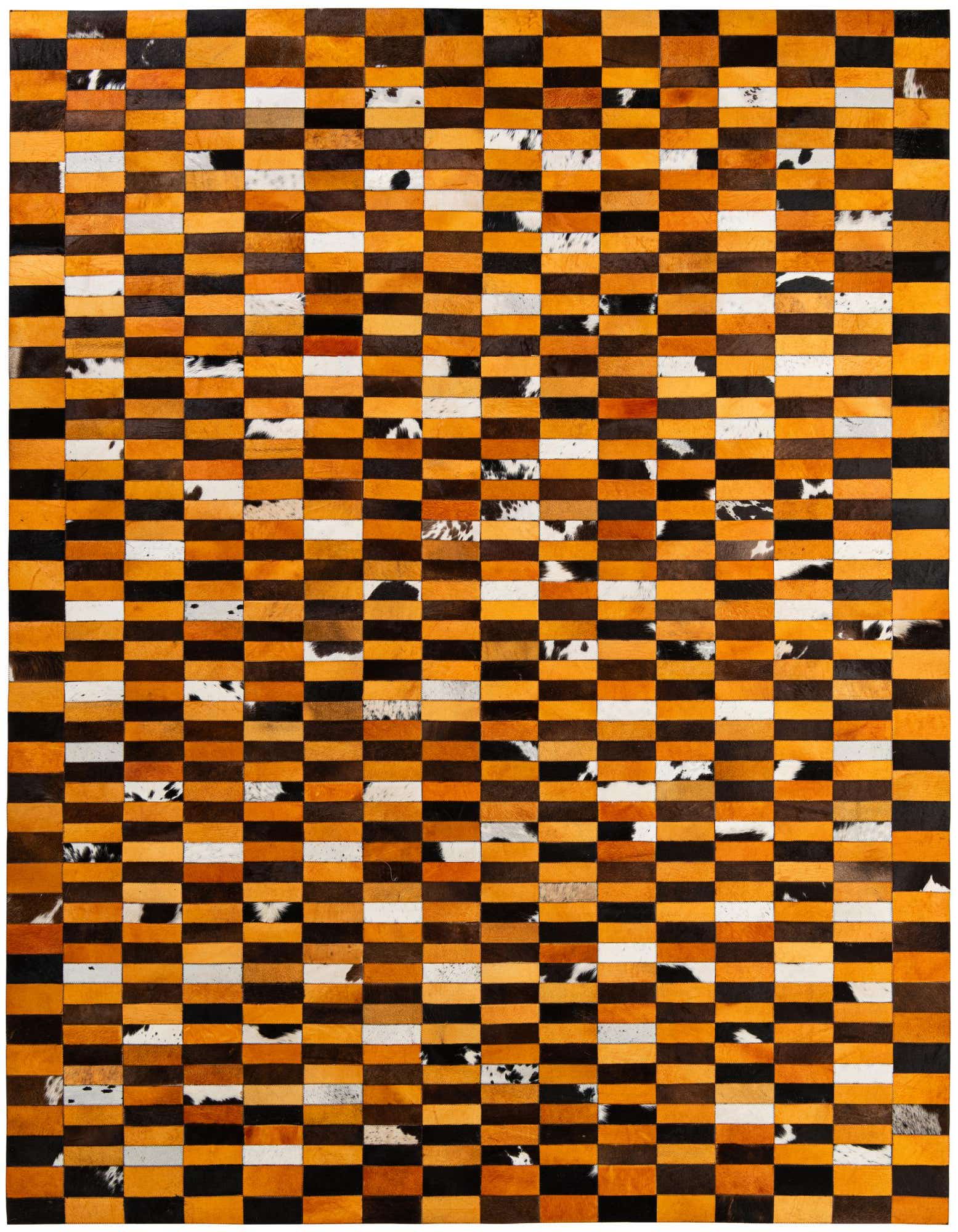 A rectangular 8x10 multi-colored cowhide patchwork rug featuring a modern stripe pattern in various shades of orange, black, white, and brown.