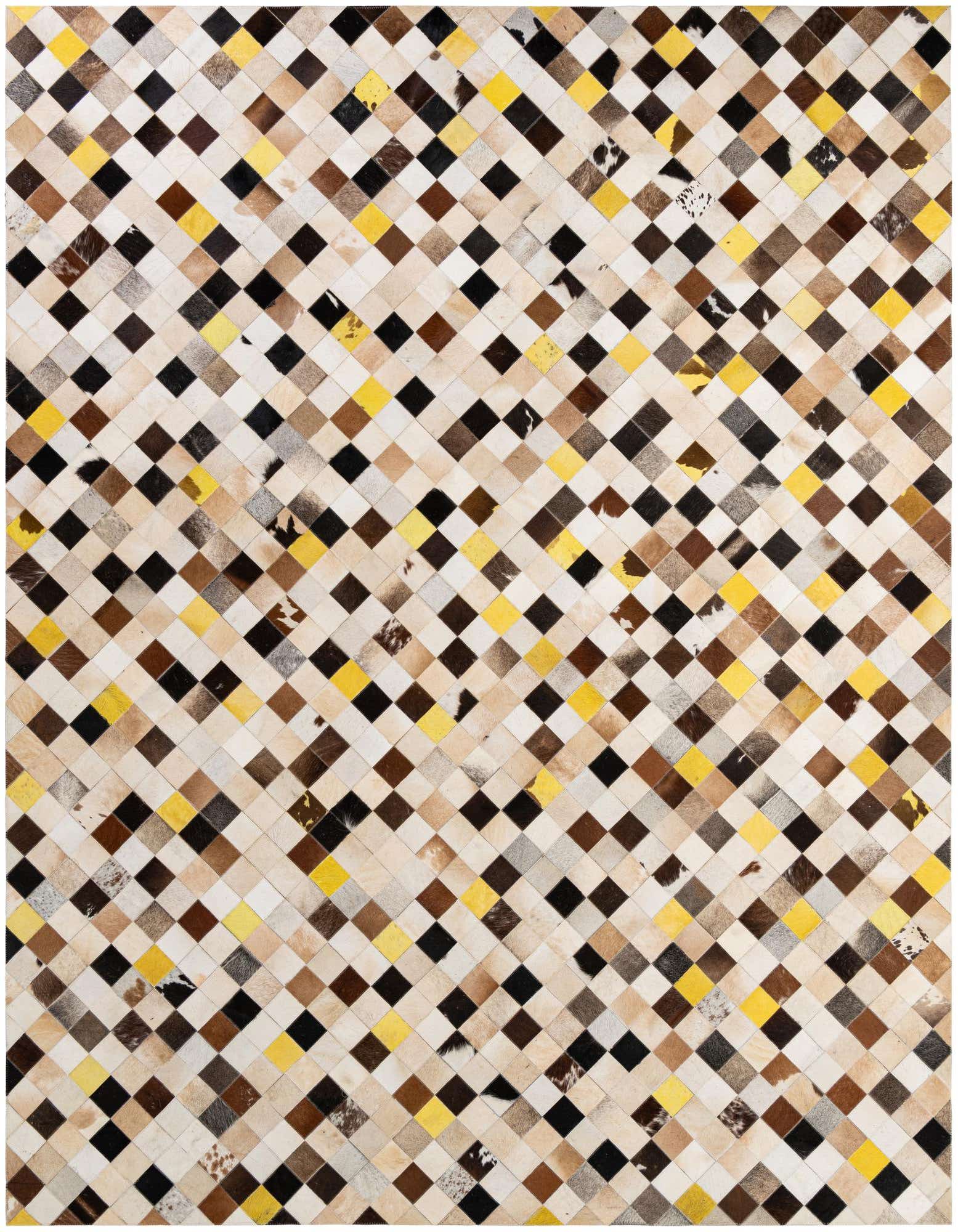 A rectangular 8x10 modern cowhide patchwork rug featuring a diamond pattern in multi-colored natural tones and bright yellow.