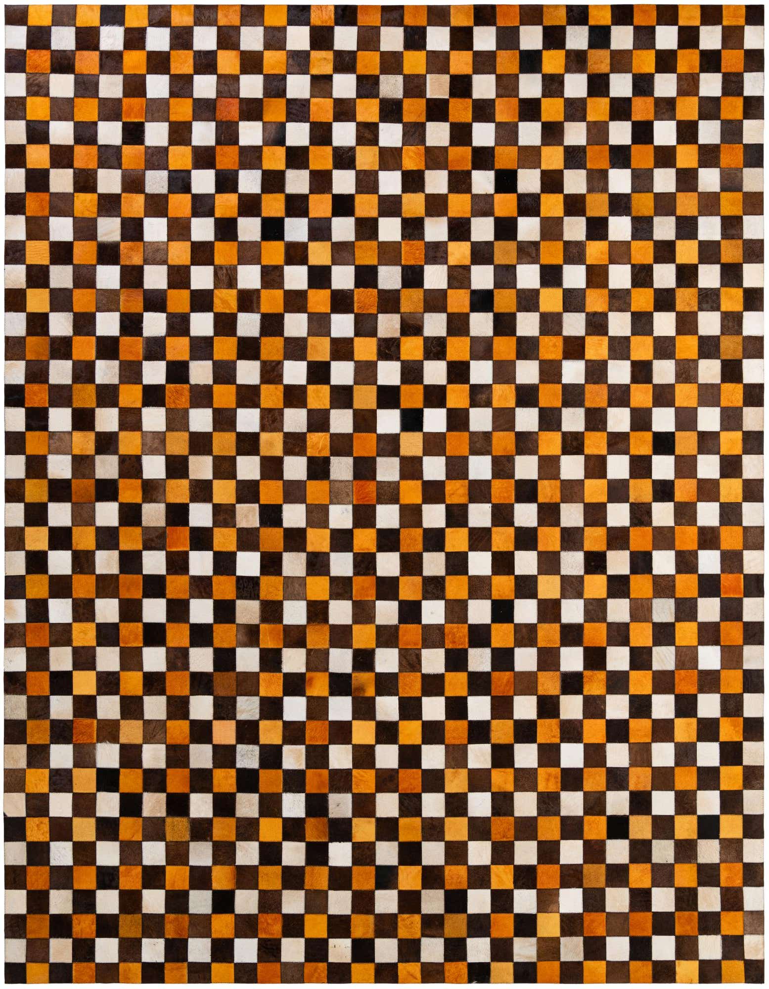A rectangular 8x10 Cowhide Patchwork rug with a modern checkerboard pattern in varied shades of brown, black, white, and orange.