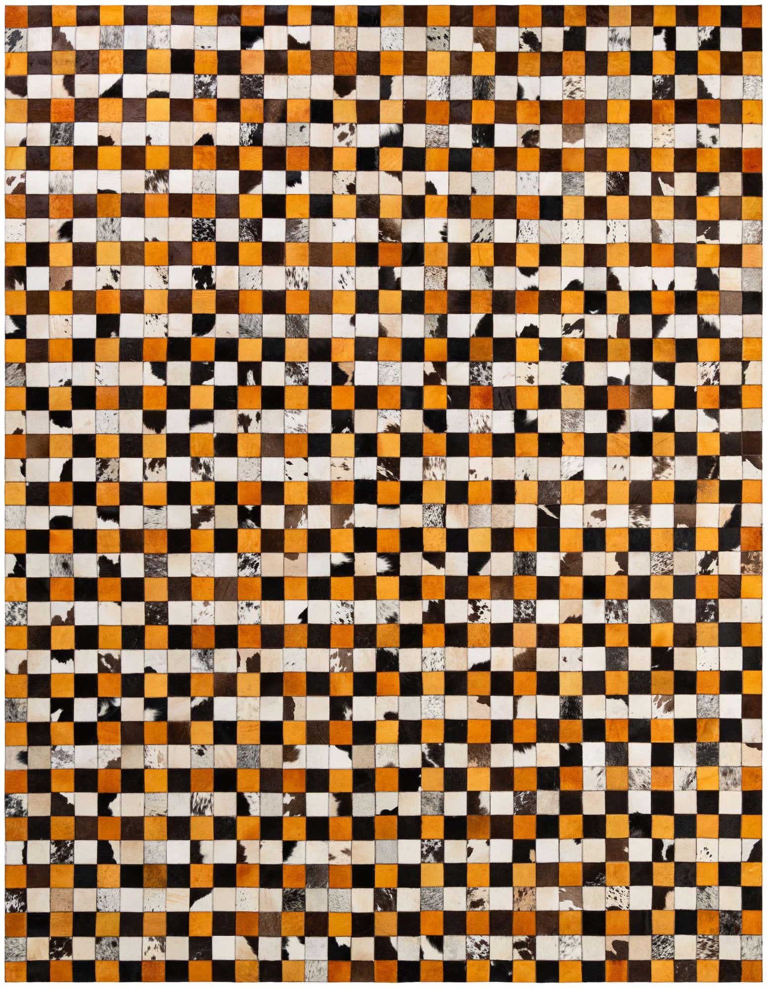 A rectangular 8x10 multi-colored cowhide patchwork rug with a modern checkered pattern, ideal for a living room.