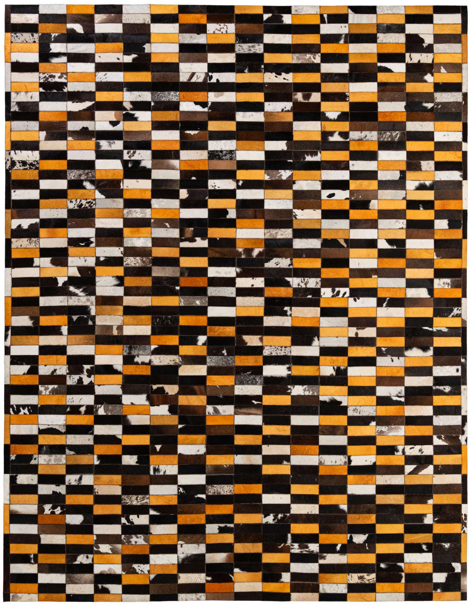 A rectangular 8x10 multi-colored cowhide rug with a modern patchwork stripe pattern, ideal for a living room.