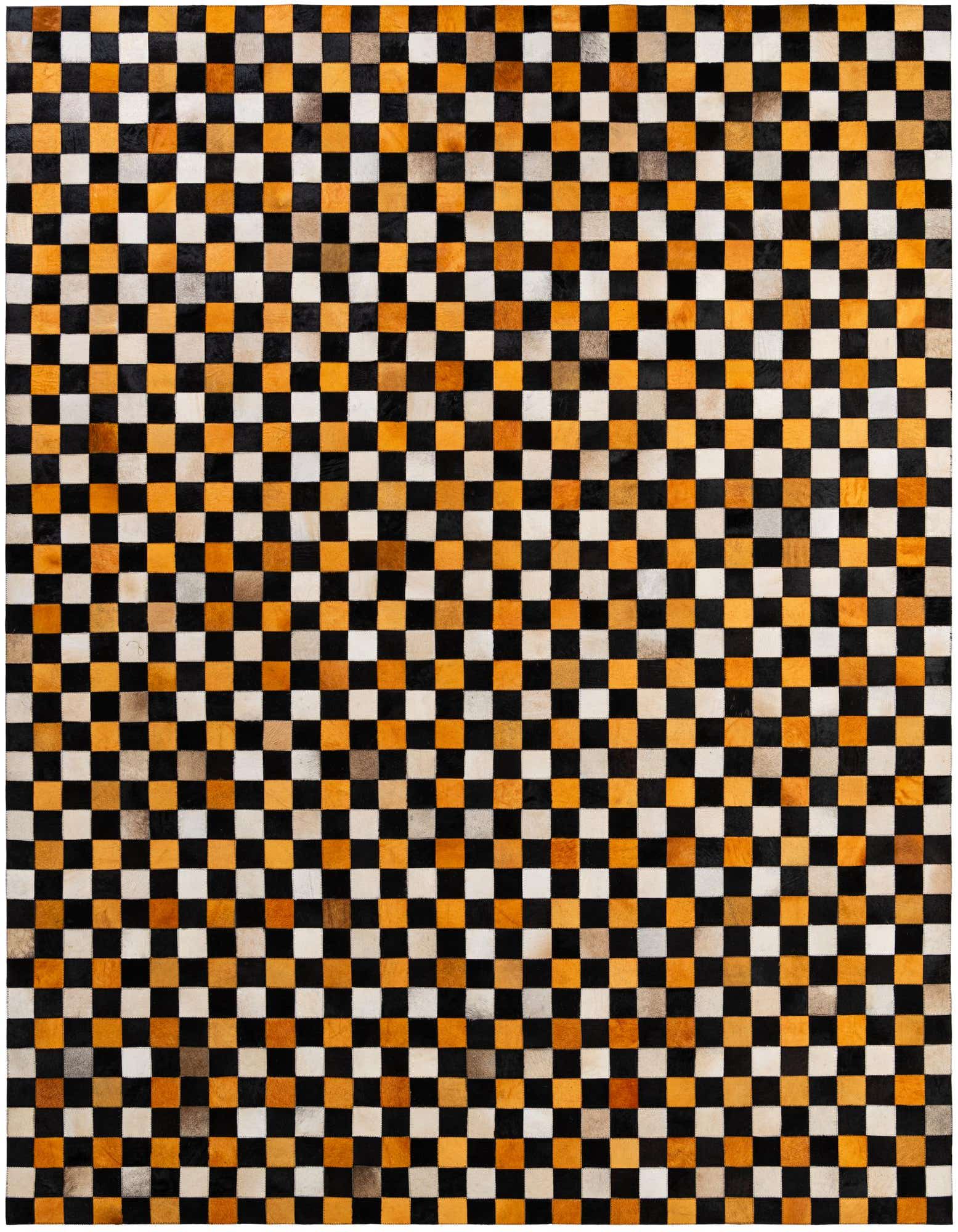 A rectangular 8x10 Cowhide Patchwork rug featuring a checkerboard pattern of black, white, and various shades of brown and orange squares.