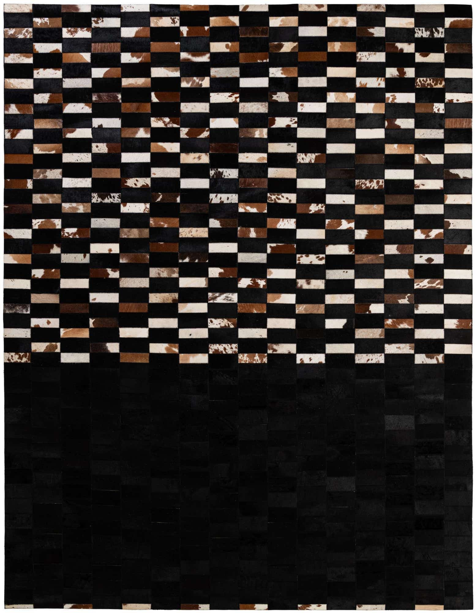 A rectangular 8x10 cowhide rug featuring a modern stripe pattern in multi-colored patches, ideal for a living room.