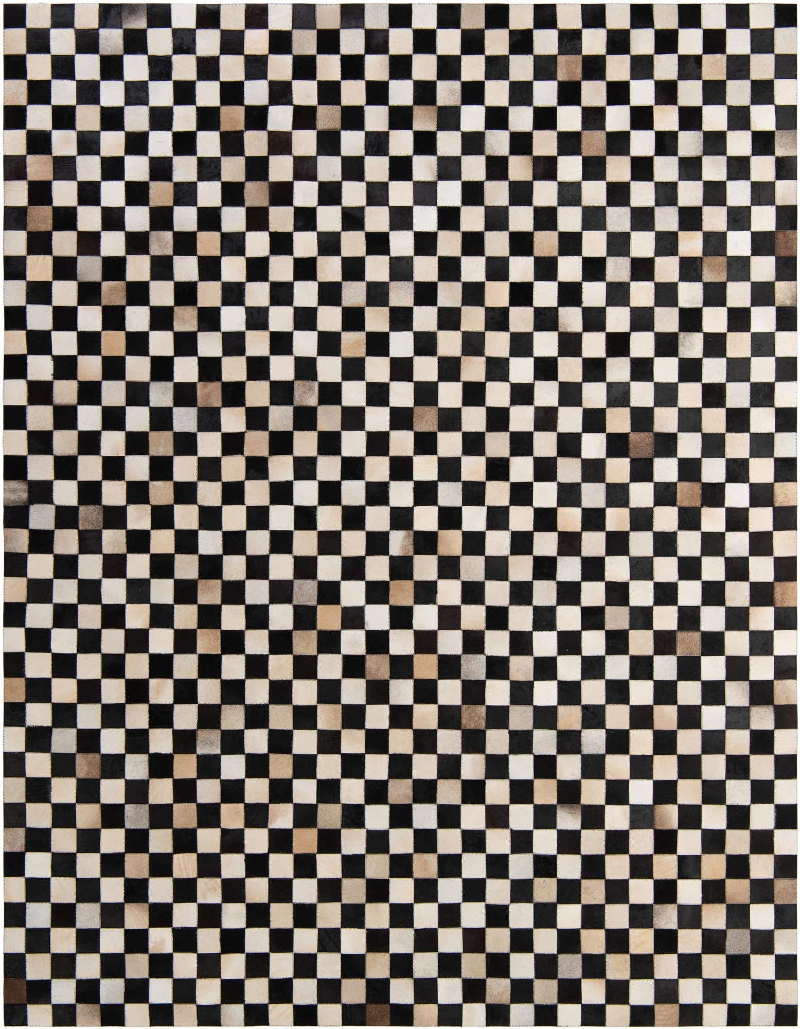 A rectangular 8x10 Cowhide - Patchwork rug featuring a checkerboard pattern of black and off-white squares.