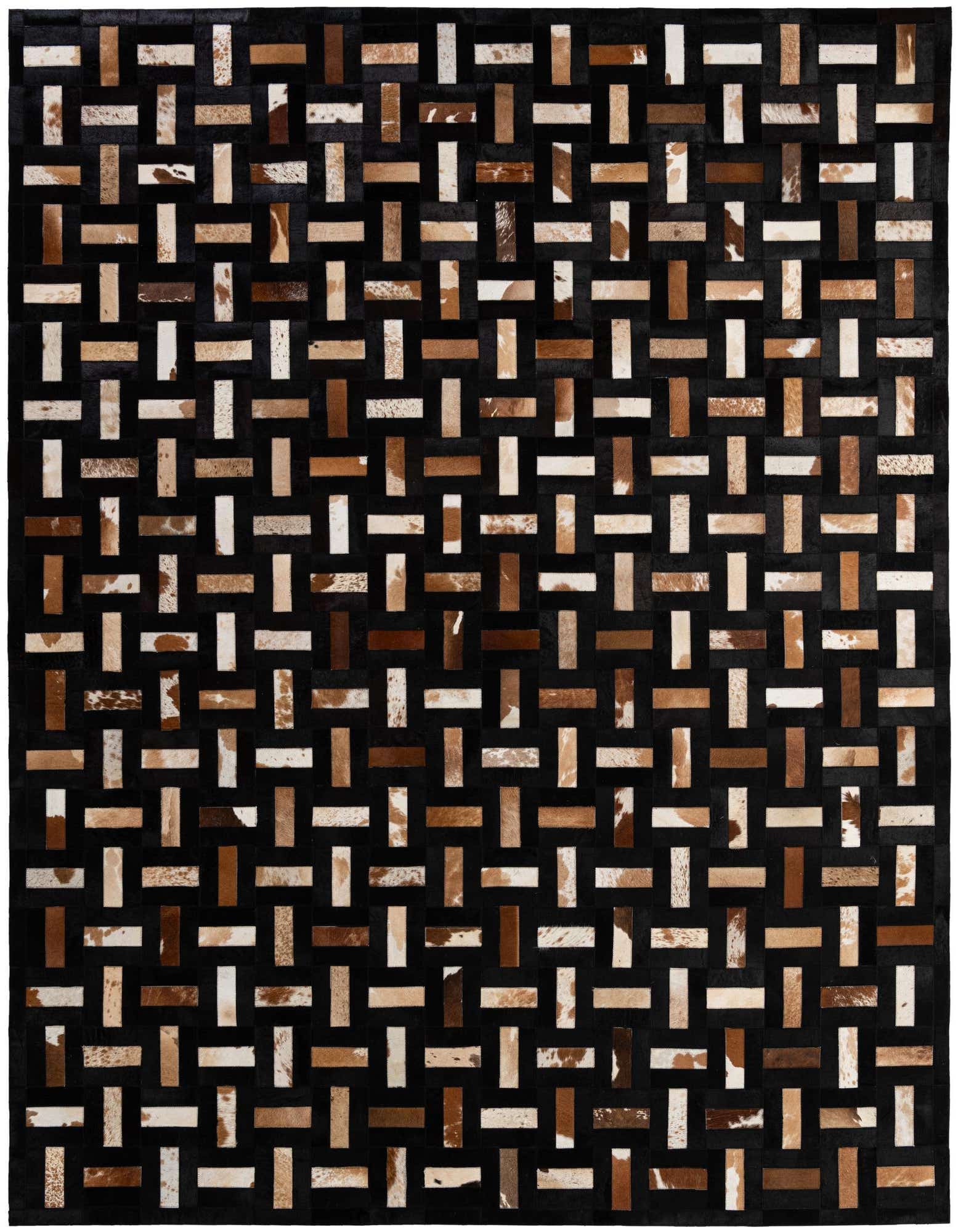 A rectangular 8x10 Cowhide Patchwork rug featuring a modern geometric pattern of multi-colored cowhide and leather strips on a dark background.