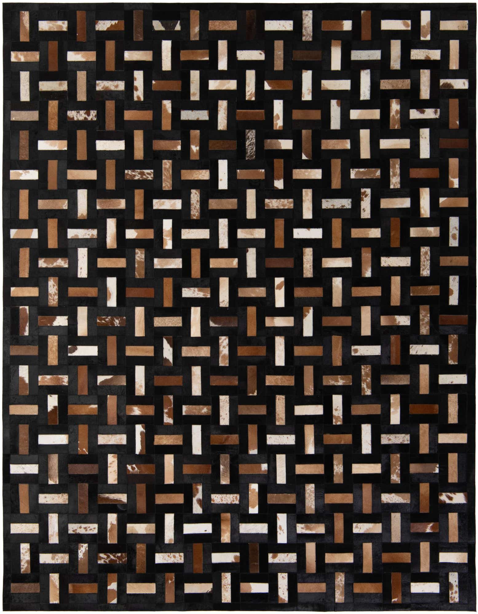 A rectangular 8x10 Cowhide Patchwork rug featuring a modern stripe pattern in black, brown, and white tones.