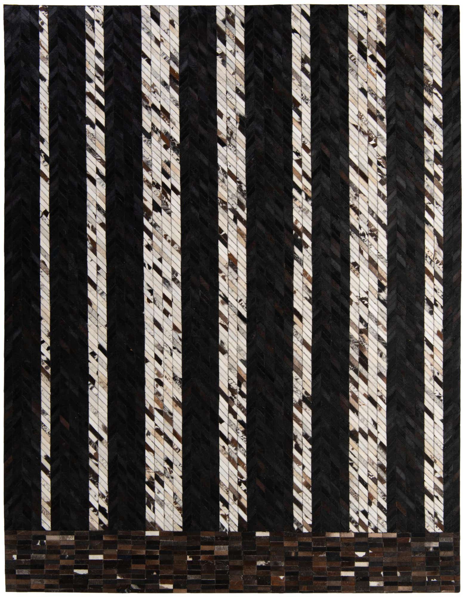 A rectangular 8x10 modern cowhide rug featuring alternating vertical stripes of black and multi-colored patchwork, with a horizontal multi-colored border at the bottom.