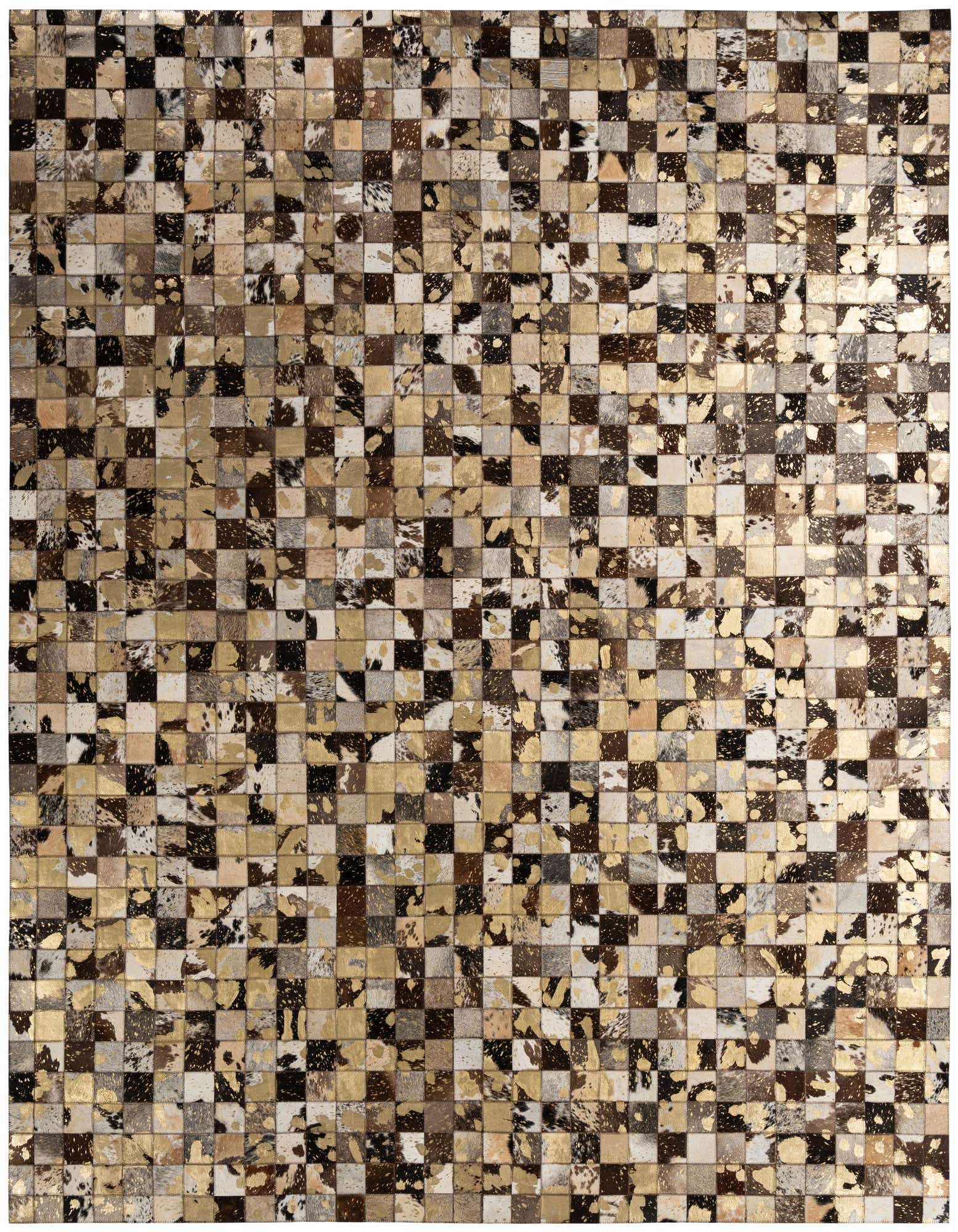 8x10 rectangular Cowhide Patchwork rug featuring a modern multi-colored mosaic of natural cowhide squares with metallic gold accents.