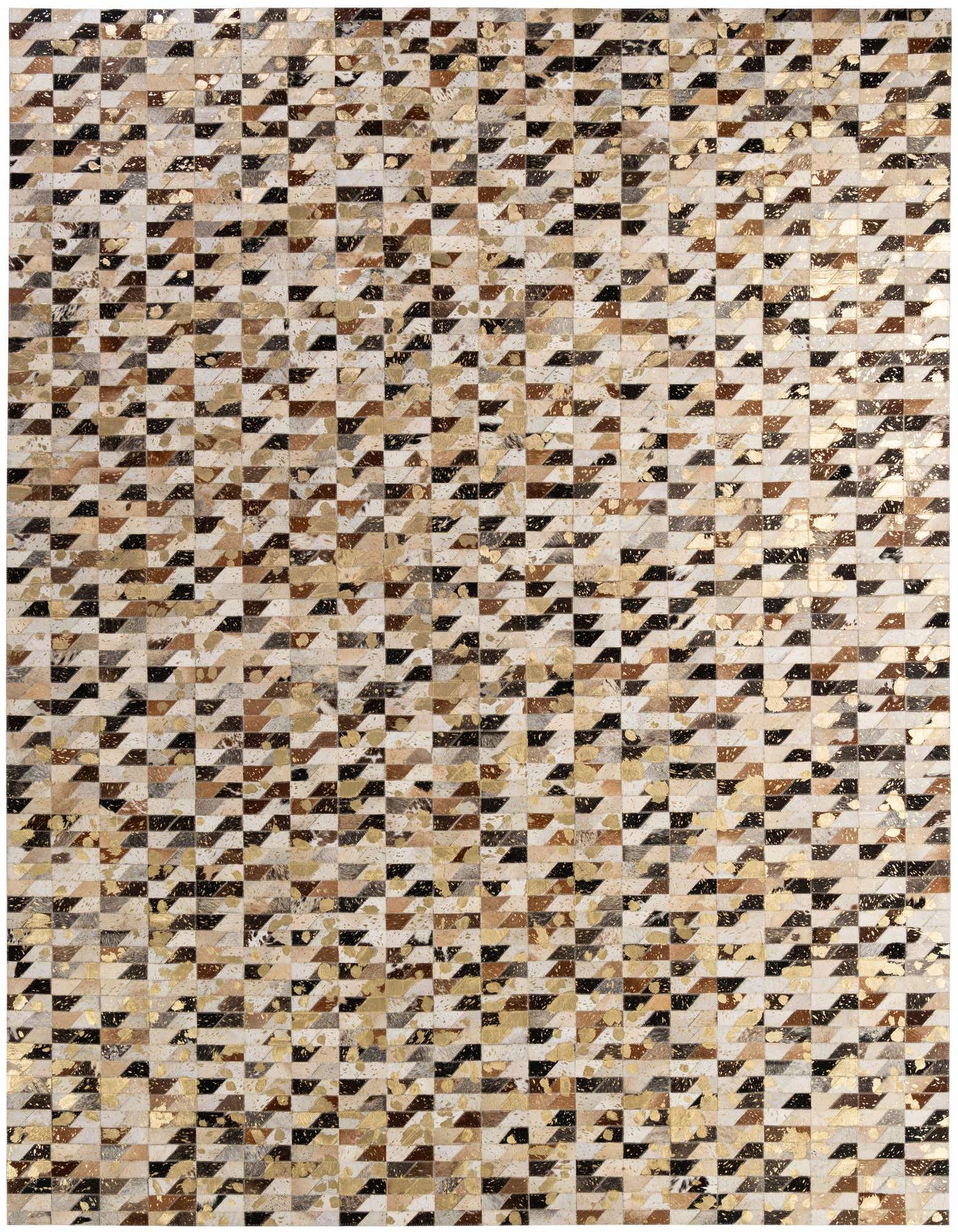 A rectangular 8x10 multi-colored modern cowhide rug featuring a geometric patchwork stripe pattern with gold accents, suitable for a living room.