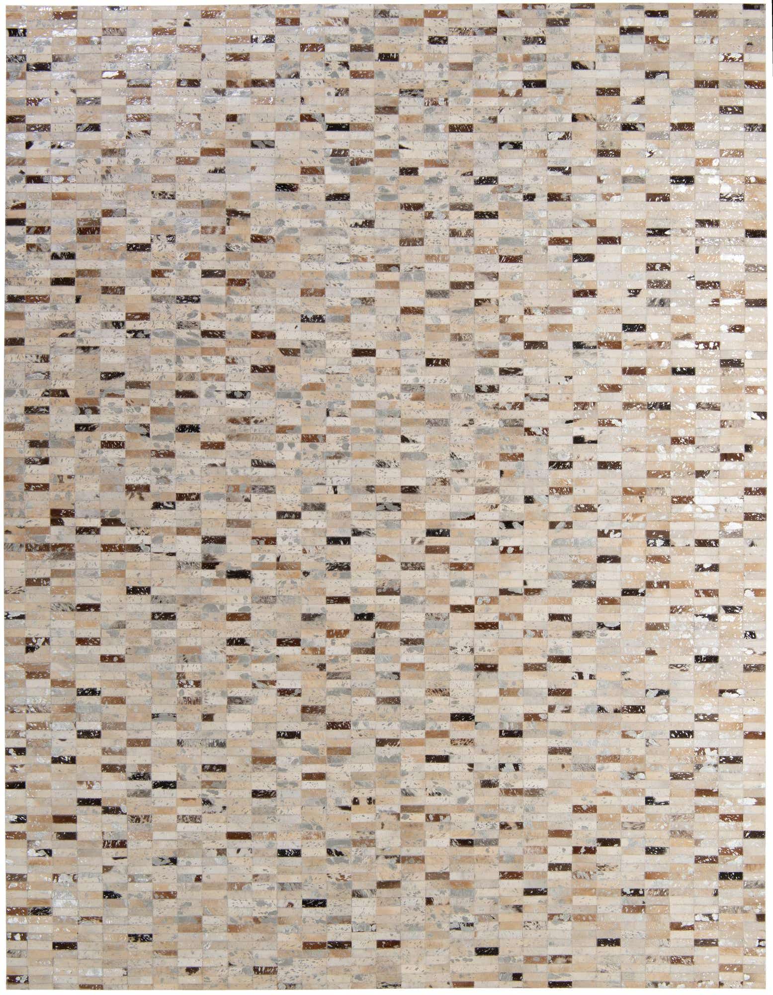 A rectangular 8x10 Cowhide Patchwork rug featuring a modern pattern of multi-colored natural cowhide and leather squares.