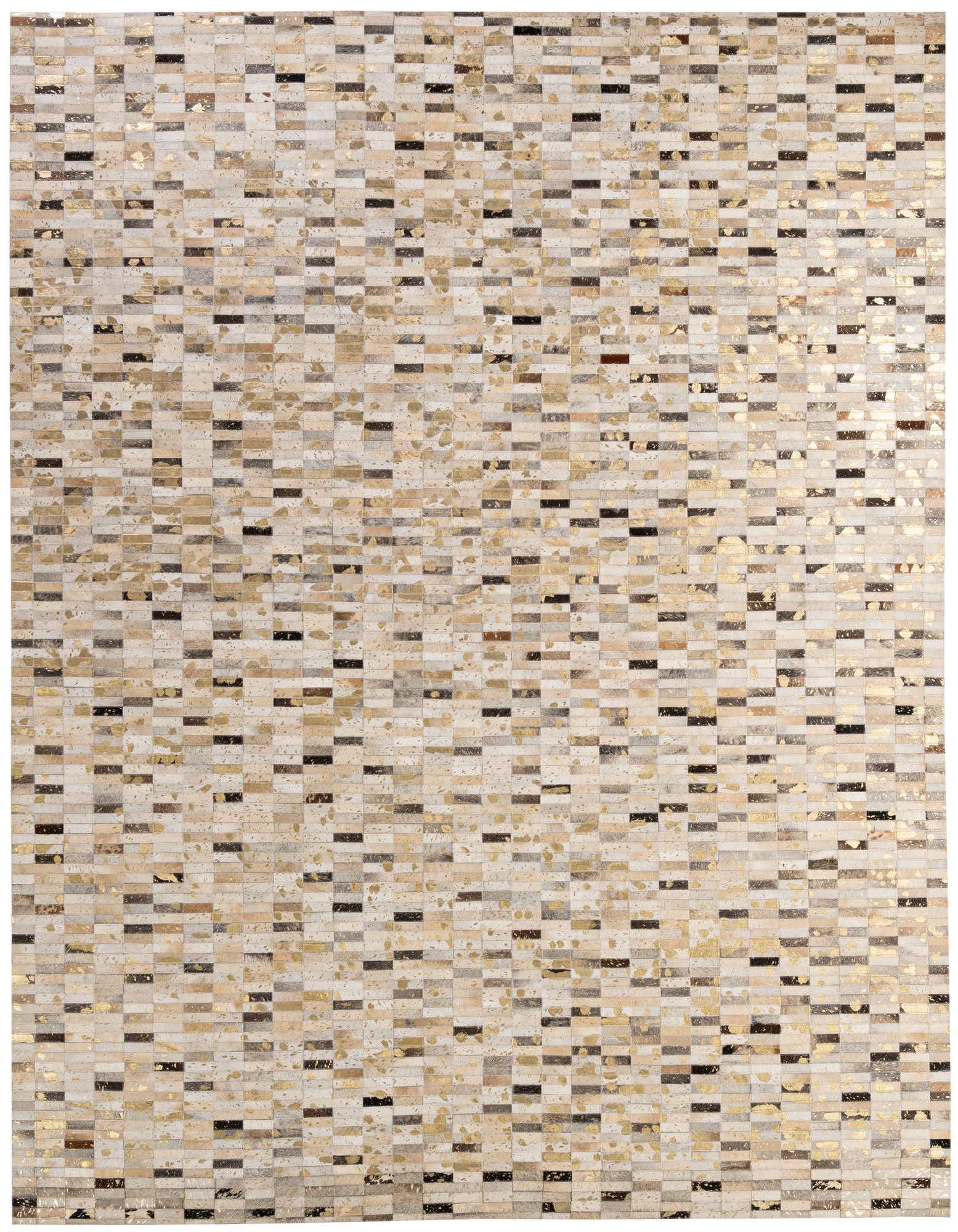 A rectangular 8x10 Cowhide Patchwork rug featuring a modern stripe pattern in multi-colored natural tones with metallic gold accents.