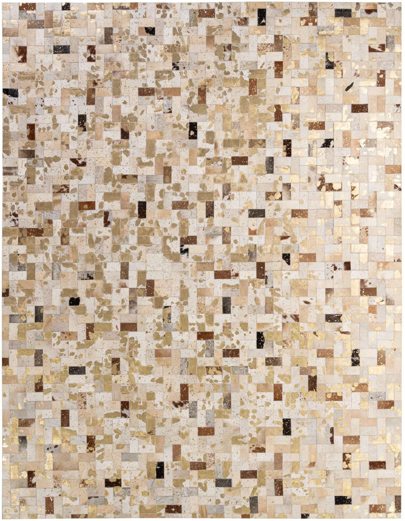 A rectangular 8x10 Cowhide Patchwork rug featuring a modern stripe pattern in multi-colored tones with metallic gold accents.