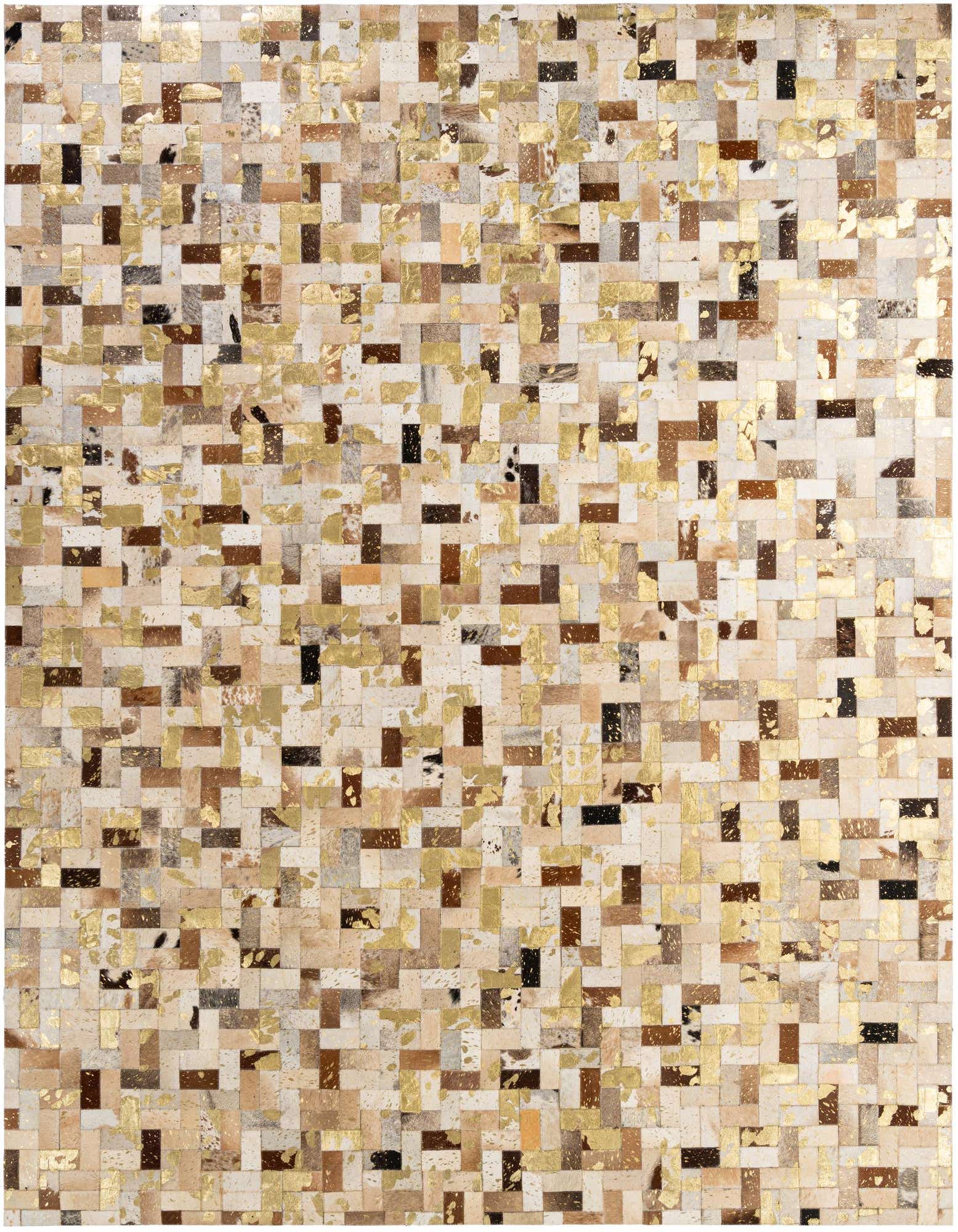 A rectangular 8x10 modern cowhide rug featuring a patchwork of multi-colored natural cowhide and metallic gold leather pieces.