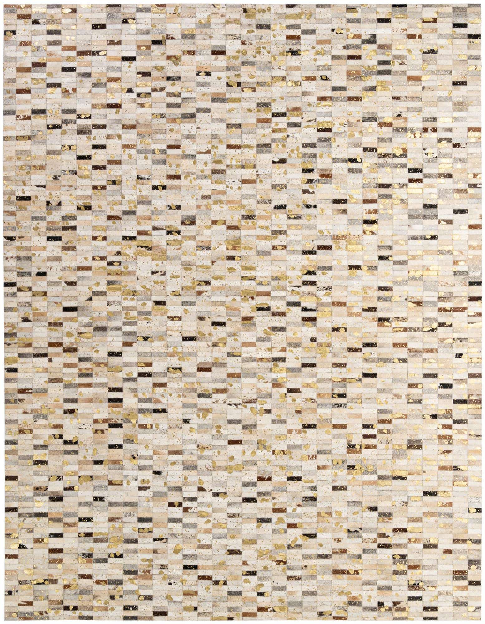 8x10 rectangular modern cowhide rug with a patchwork design in multi-colored natural tones and gold accents.