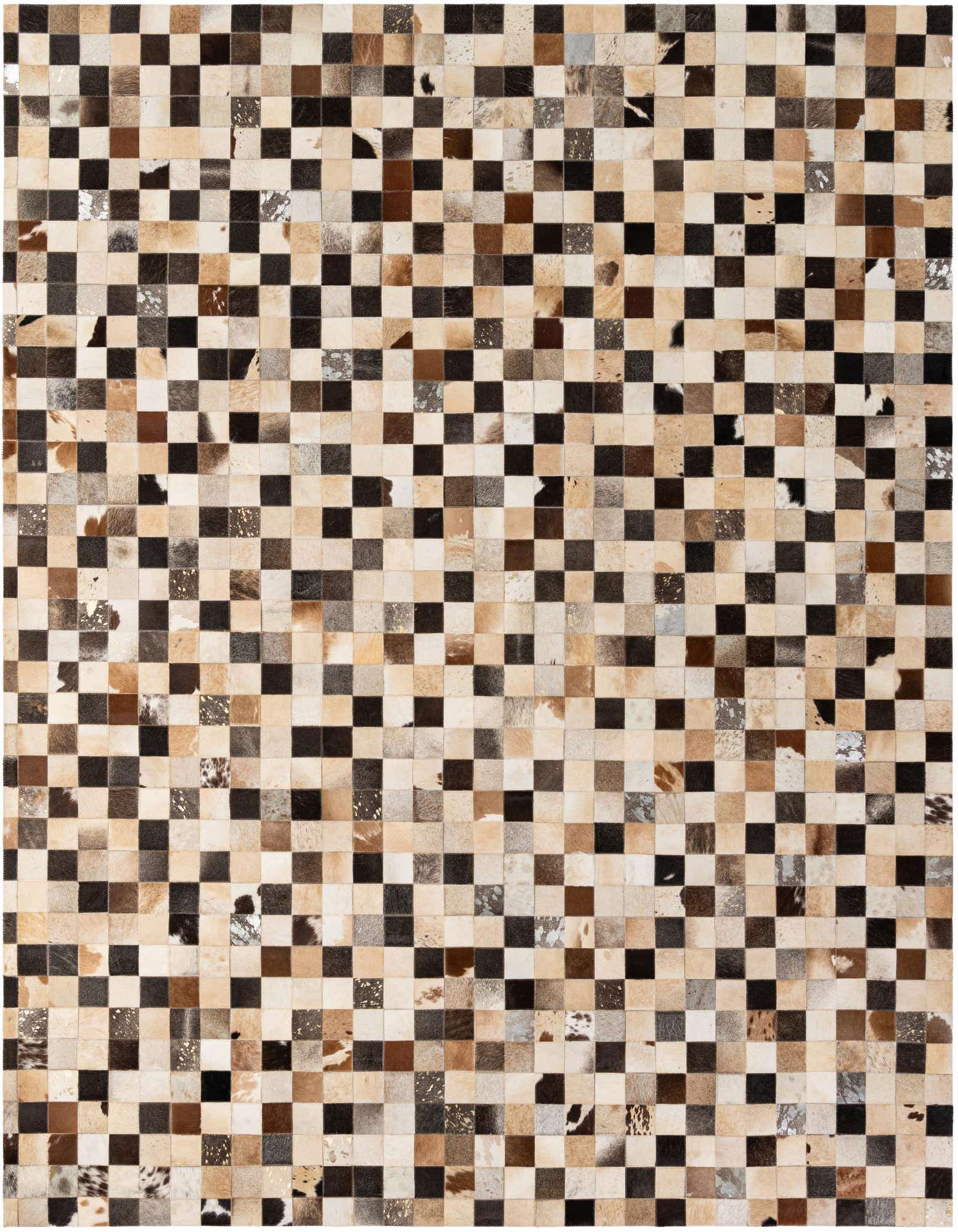 A rectangular 8x10 multi-colored modern cowhide patchwork rug featuring an alternating checkerboard pattern of natural brown, black, white, and beige squares.