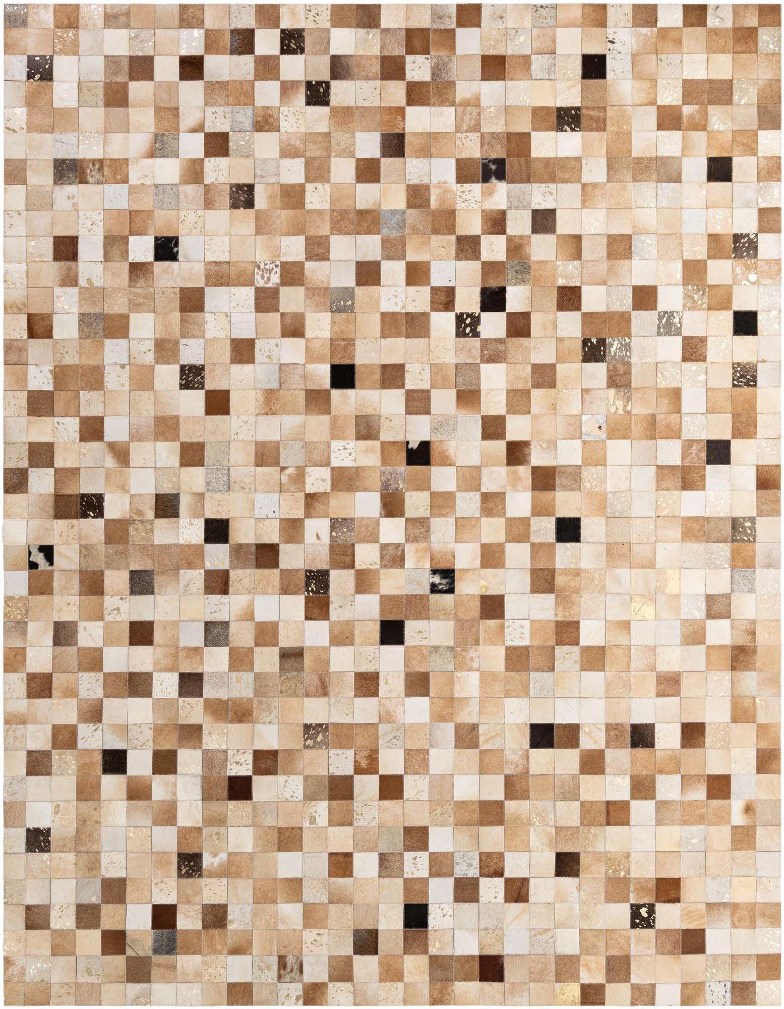 A rectangular 8x10 modern cowhide rug featuring a patchwork of multi-colored squares in various shades of brown, beige, and cream, with some black and metallic gold accents.