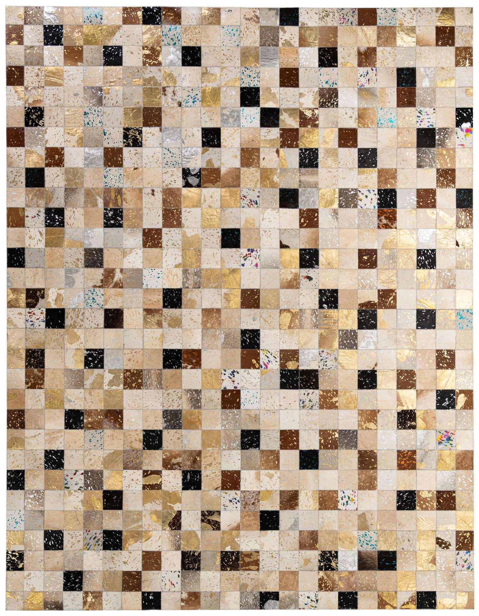 A rectangular 8x10 multi-colored modern cowhide rug with a patchwork design, featuring squares of natural hide, metallic gold, and paint splatters.
