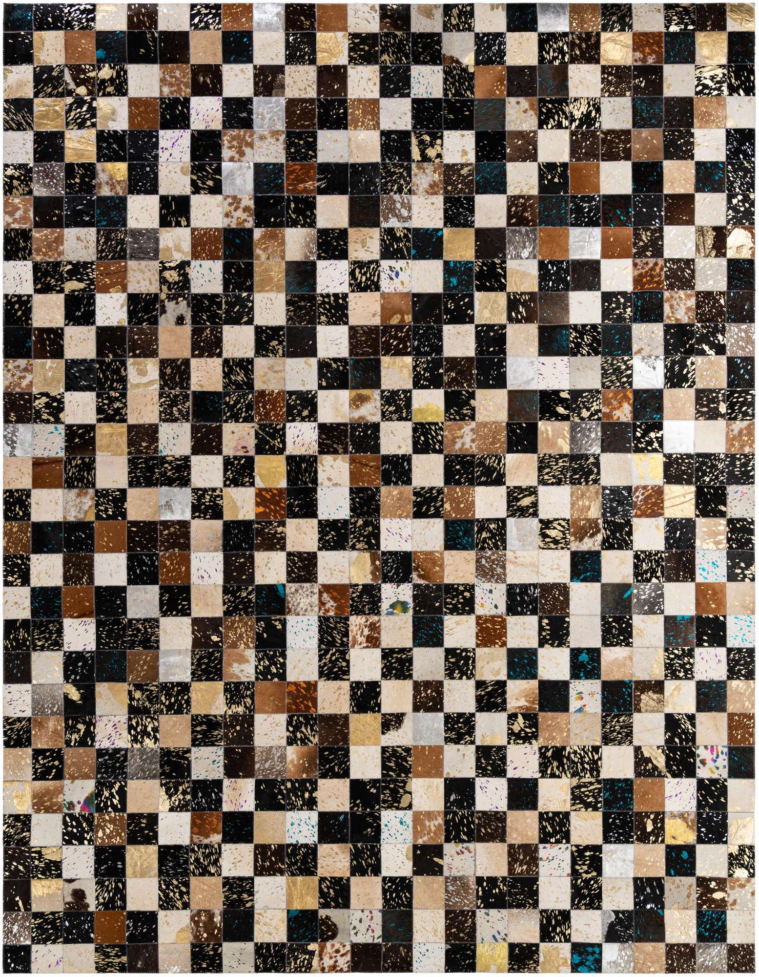 A rectangular 8x10 multi-colored modern cowhide rug featuring a patchwork checkerboard pattern with black, brown, white, and gold squares, some with colorful splatters.