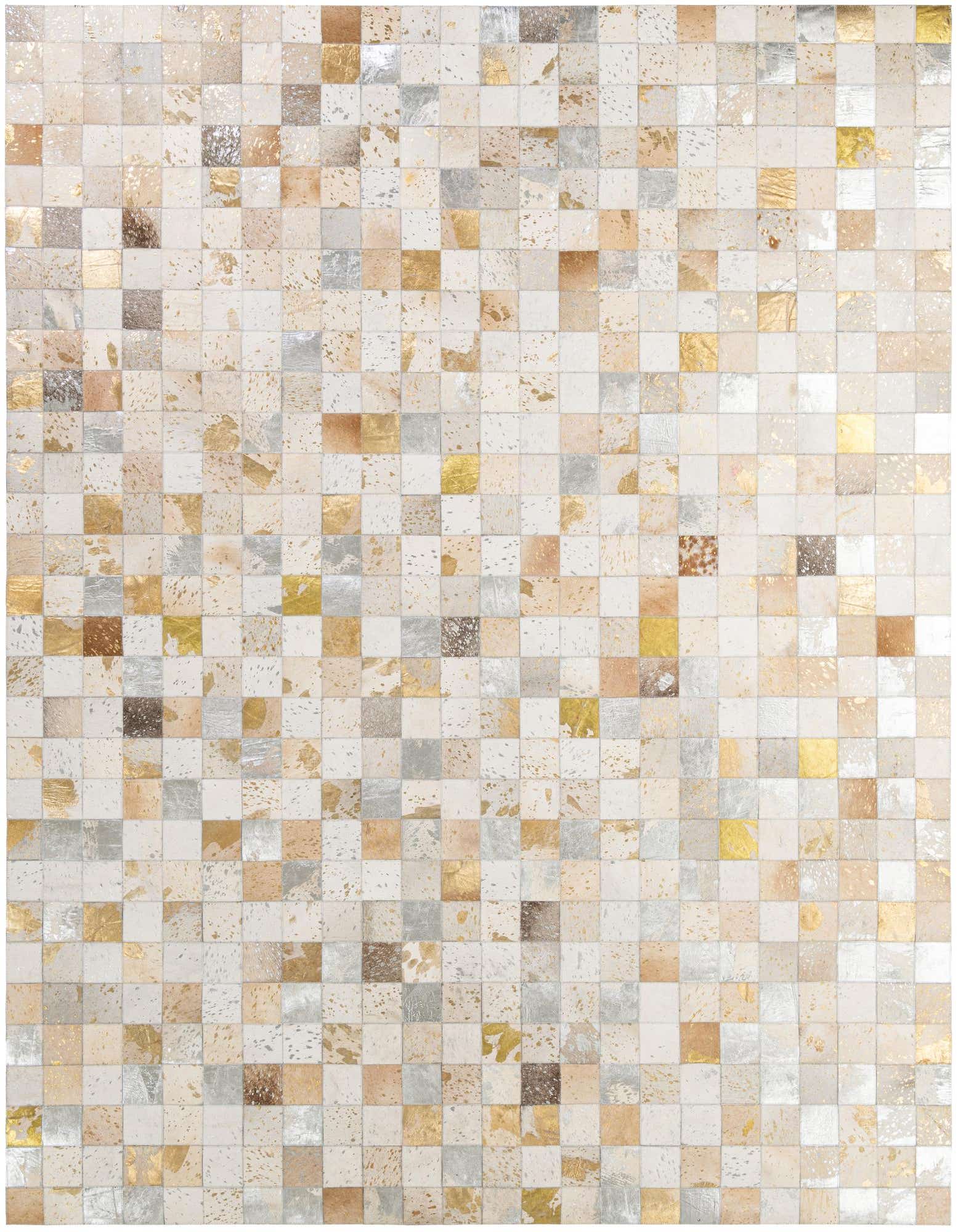 8x10 rectangular modern rug featuring a patchwork of multi-colored cowhide squares with metallic gold and silver accents.