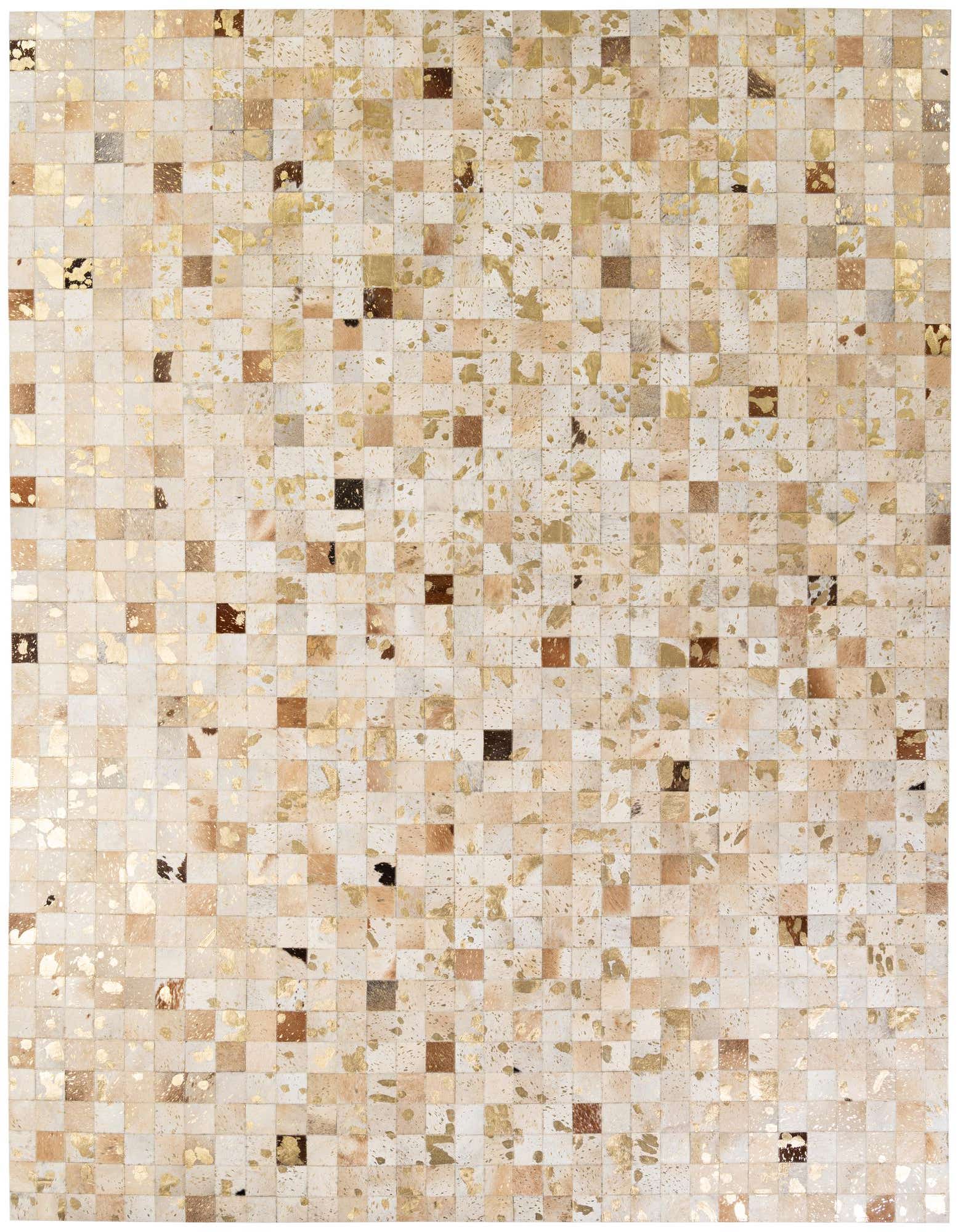 8x10 rectangular Cowhide & Leather rug featuring a modern patchwork of multi-colored squares with gold metallic accents.