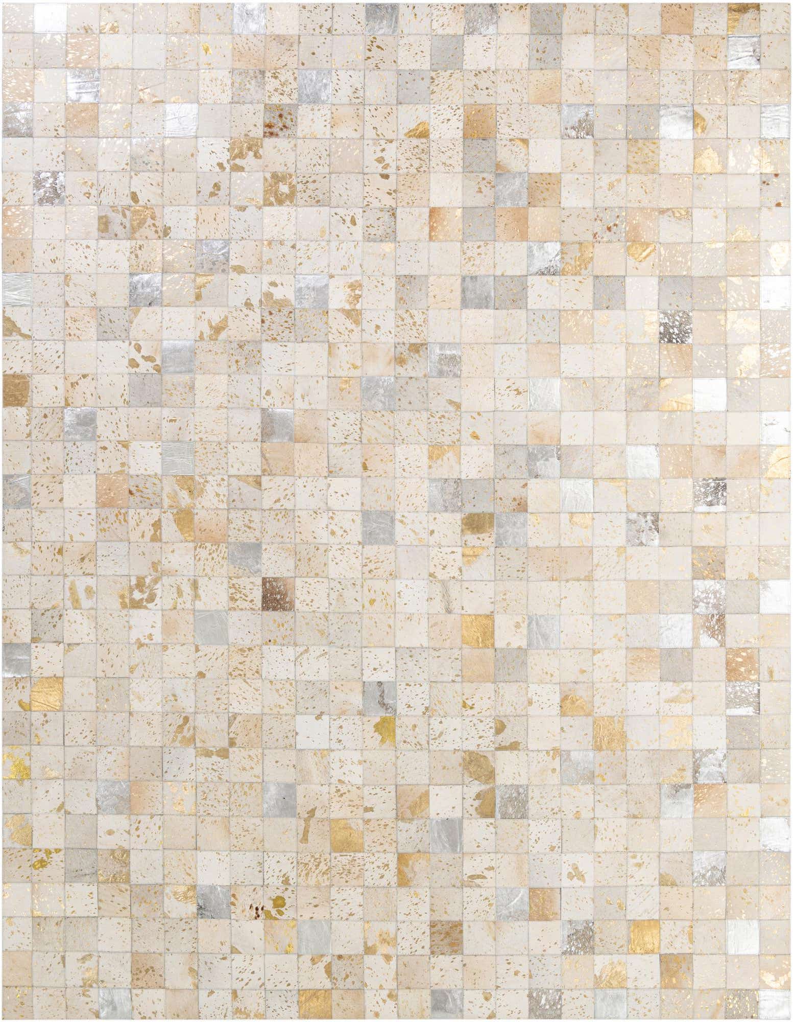 8x10 rectangular Cowhide - Patchwork rug featuring a modern patchwork of multi-colored squares with gold and silver metallic accents.