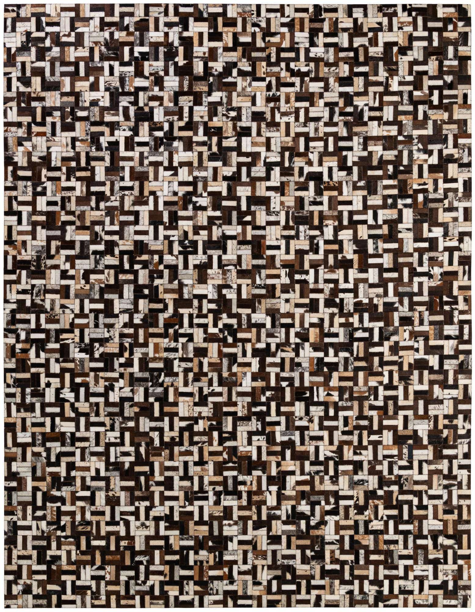 A rectangular 8x10 Cowhide Patchwork rug featuring a modern stripe pattern in multi-colored brown, black, and white tones.
