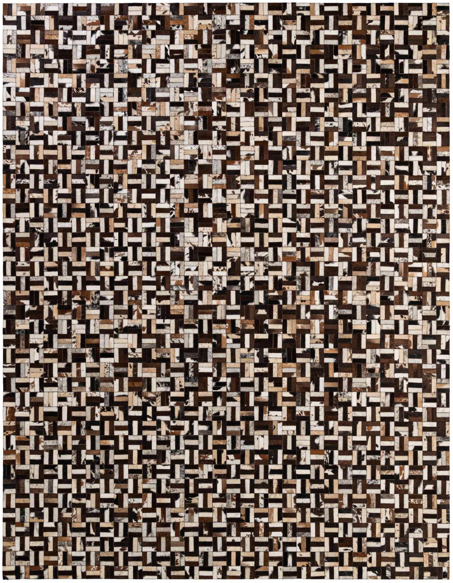 A rectangular 8x10 multi-colored modern cowhide patchwork rug with a geometric pattern, ideal for a living room.