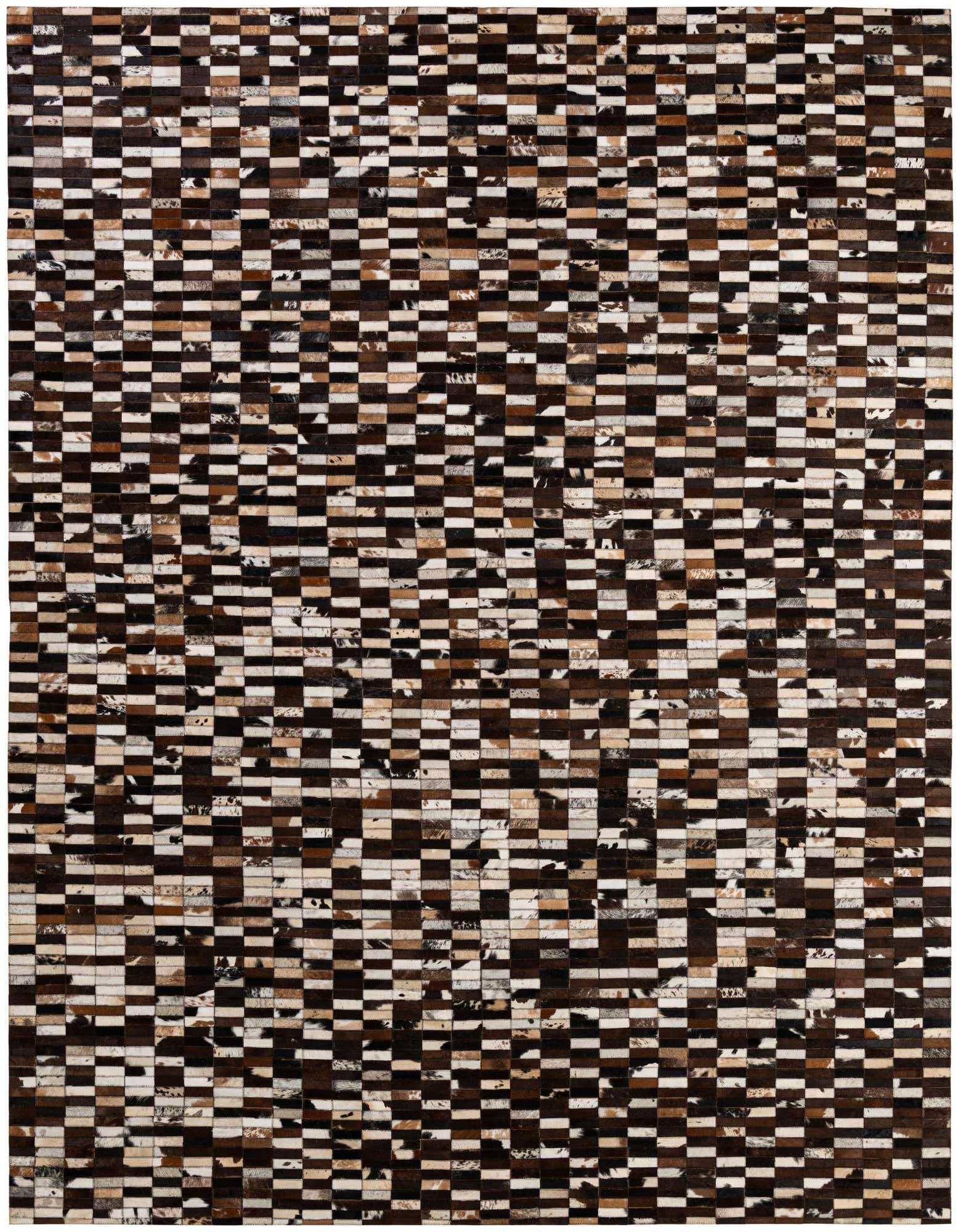 A rectangular 8x10 Cowhide Patchwork rug featuring a modern stripe pattern in multi-colored brown, black, and white tones.