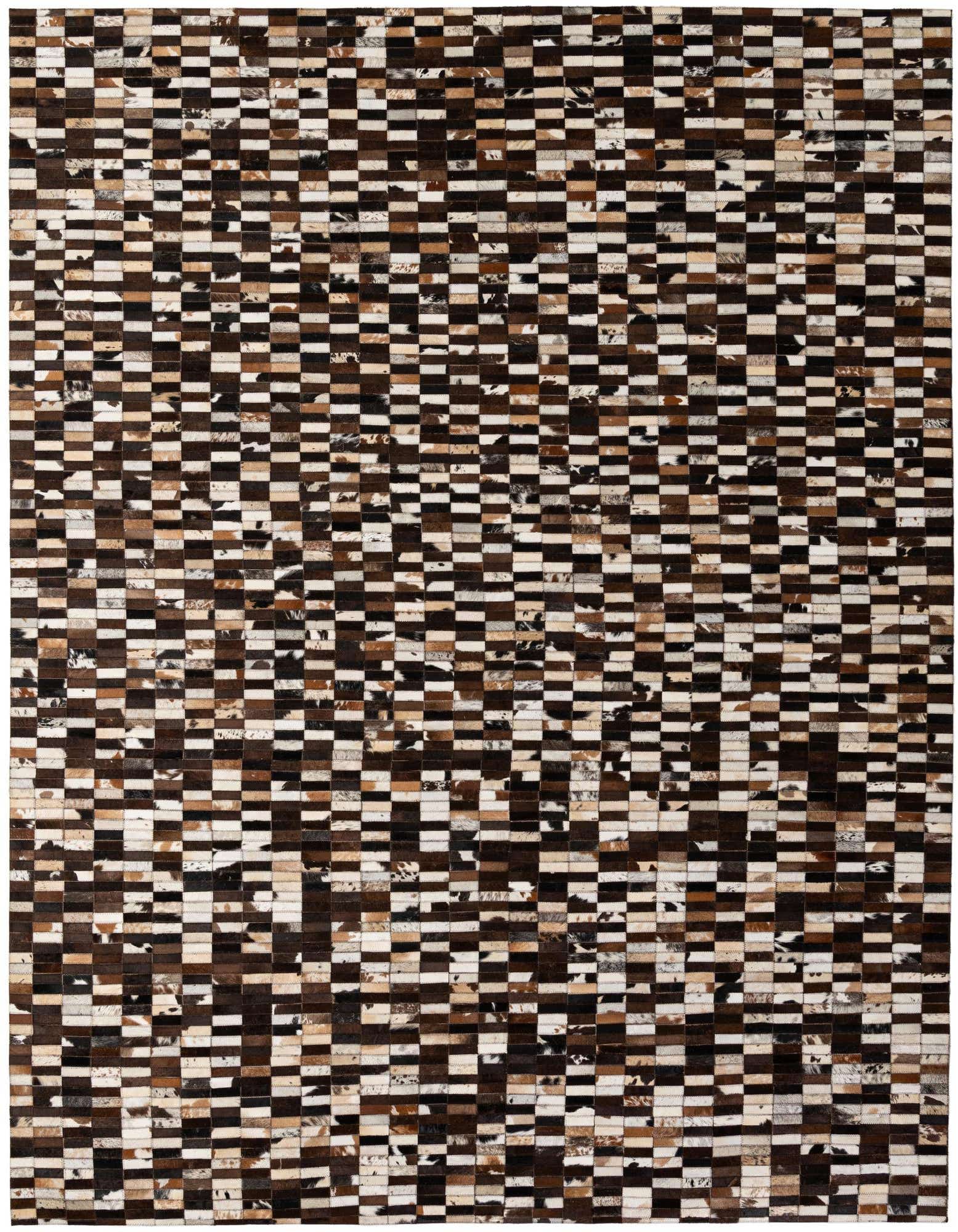 A rectangular 8x10 Cowhide Patchwork rug featuring a multi-colored checkerboard pattern in natural brown, black, and white tones, suitable for a living room.