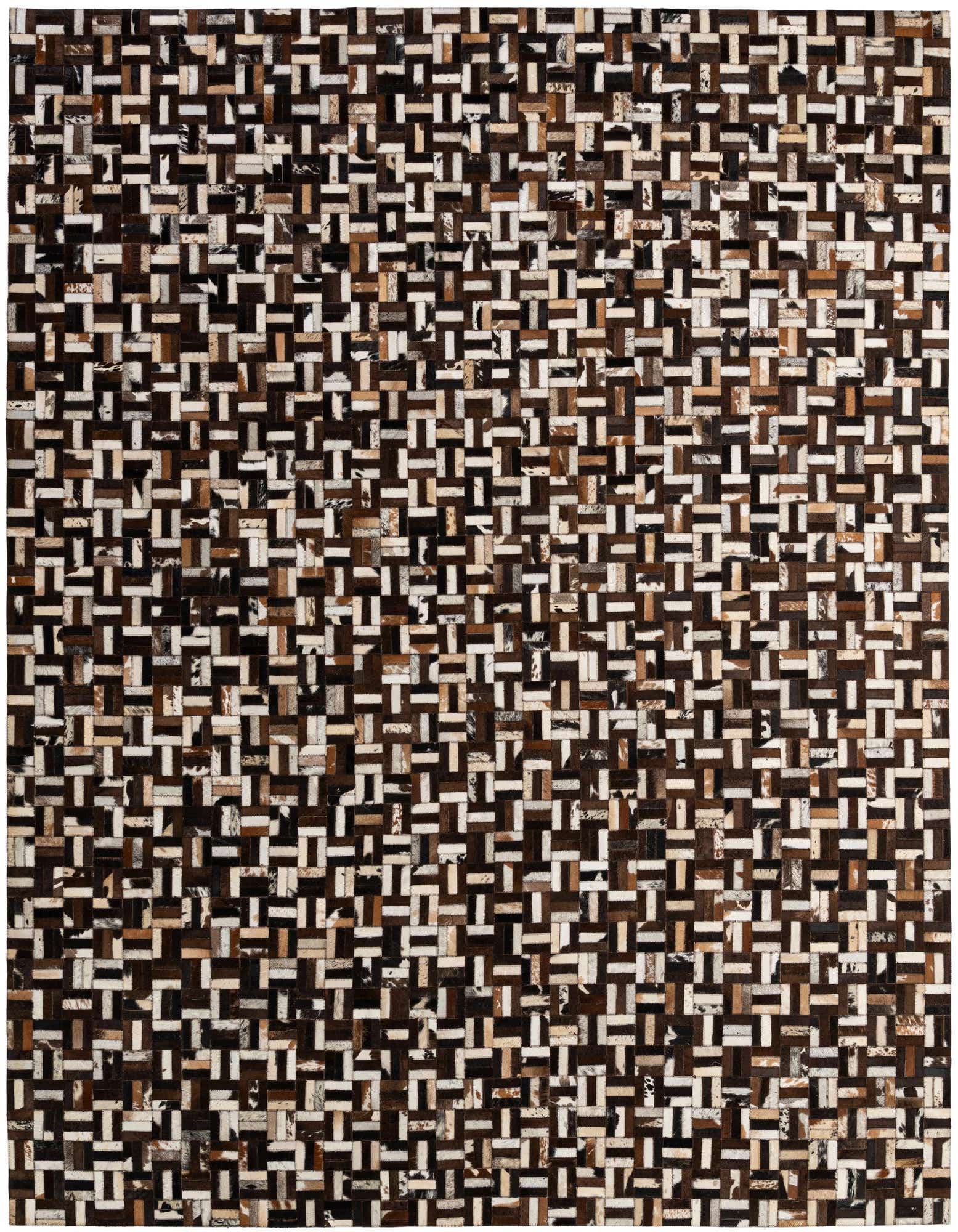 A rectangular 8x10 Cowhide Patchwork rug featuring a modern stripe pattern in multi-colored brown, black, and white tones.
