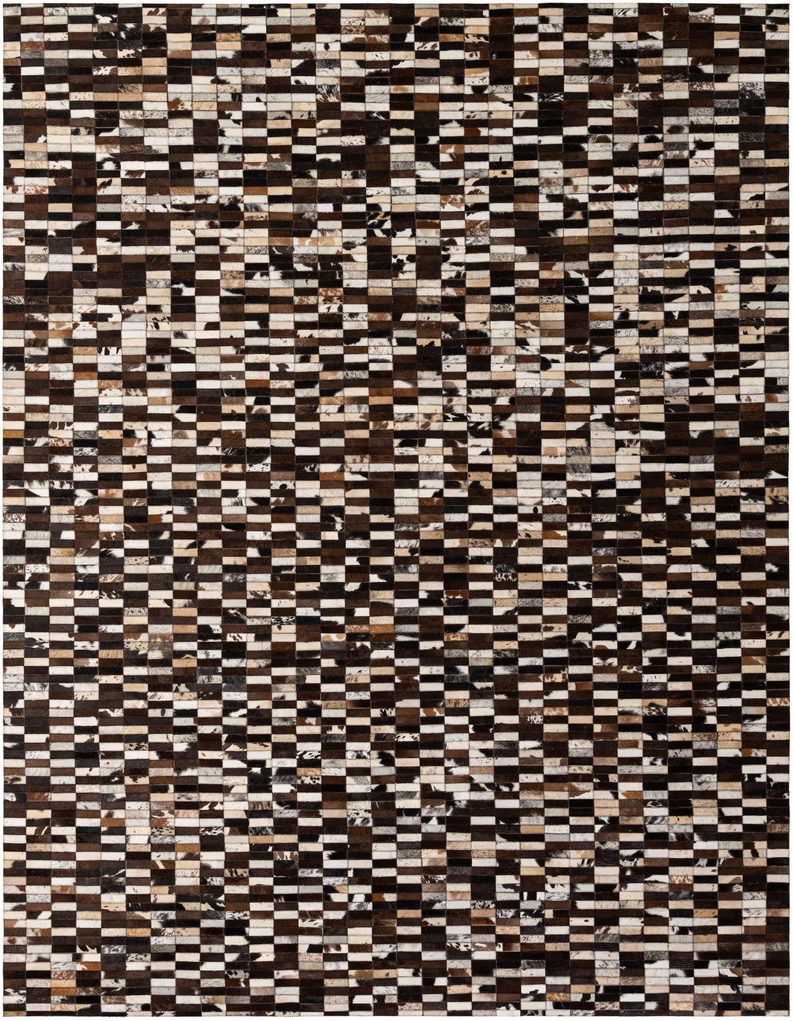 A rectangular 8x10 Cowhide Patchwork rug featuring a modern stripe pattern in multi-colored brown, black, and white tones.