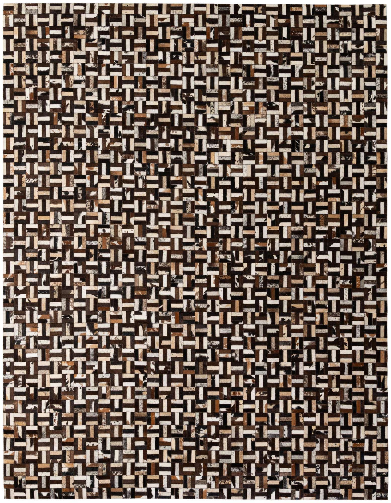 A rectangular 8x10 Cowhide Patchwork rug with a modern stripe pattern in multi-colored brown, black, and white tones.