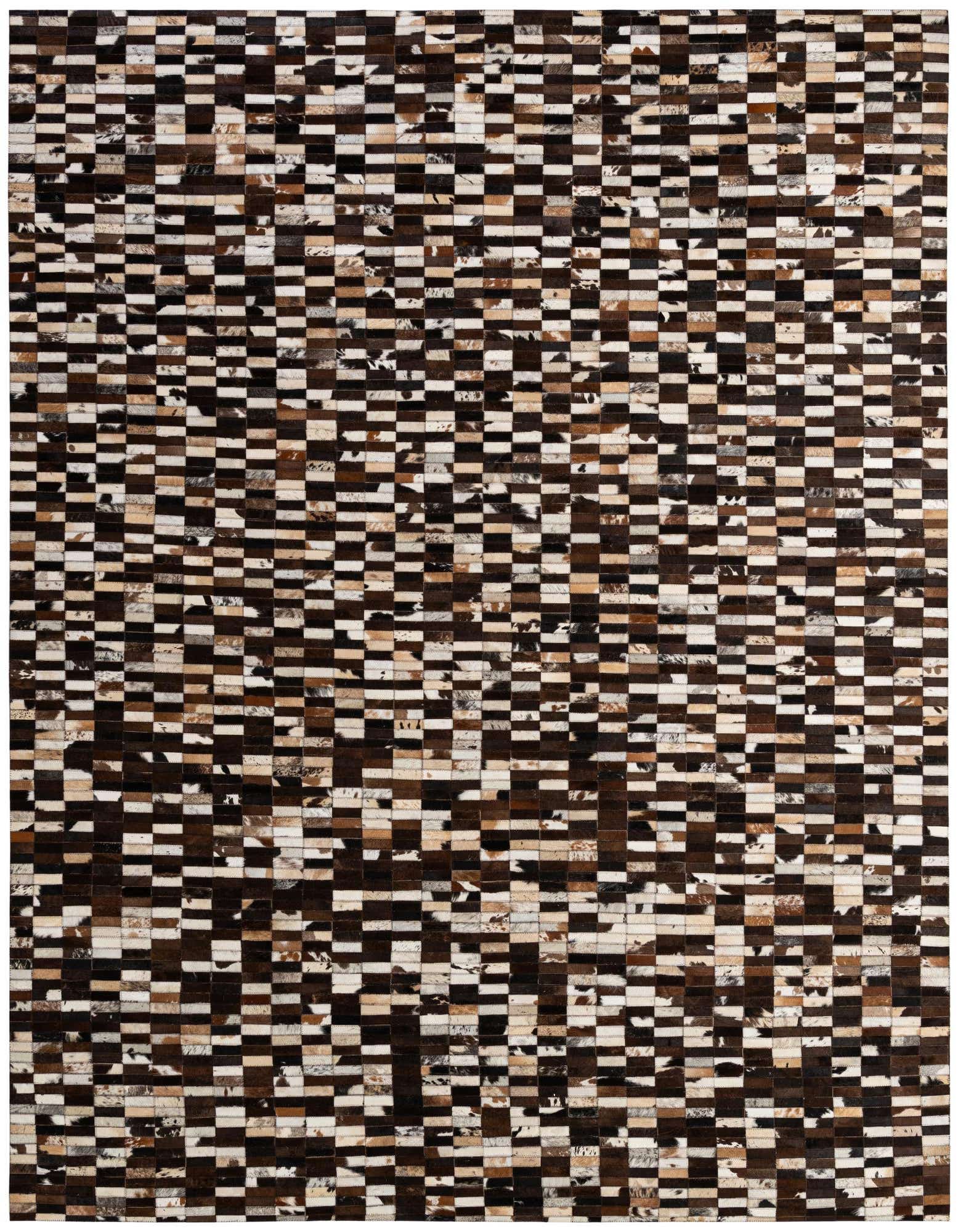 A rectangular 8x10 modern cowhide rug with a patchwork pattern in varying shades of brown, black, and cream.
