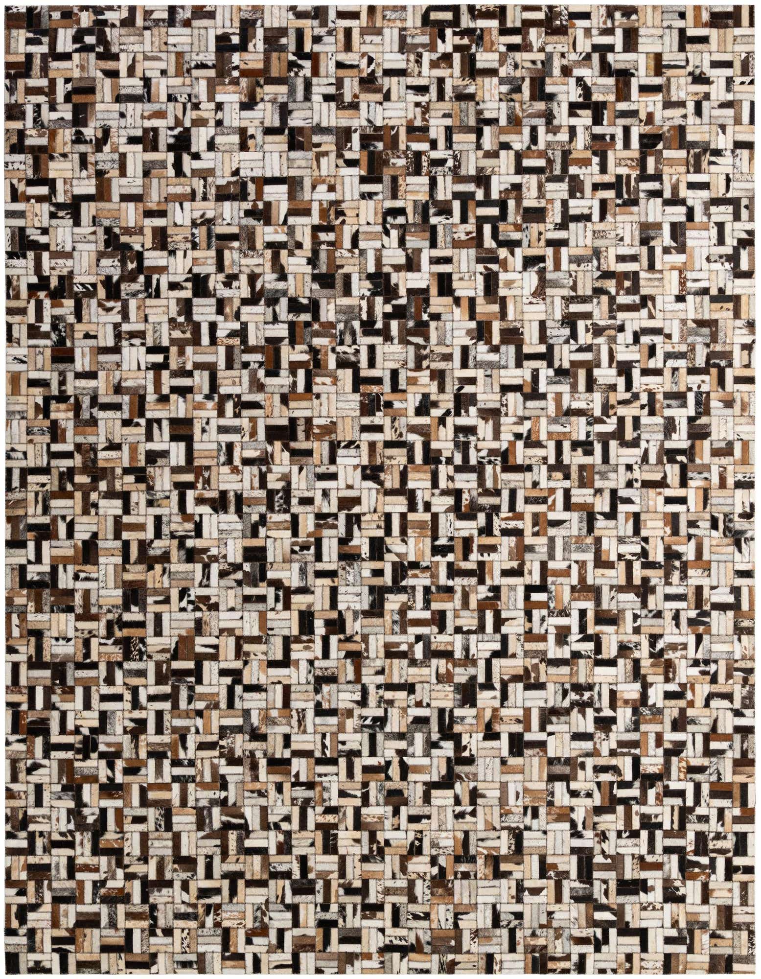 A rectangular 8x10 multi-colored cowhide patchwork rug with a modern stripe pattern, ideal for a living room.