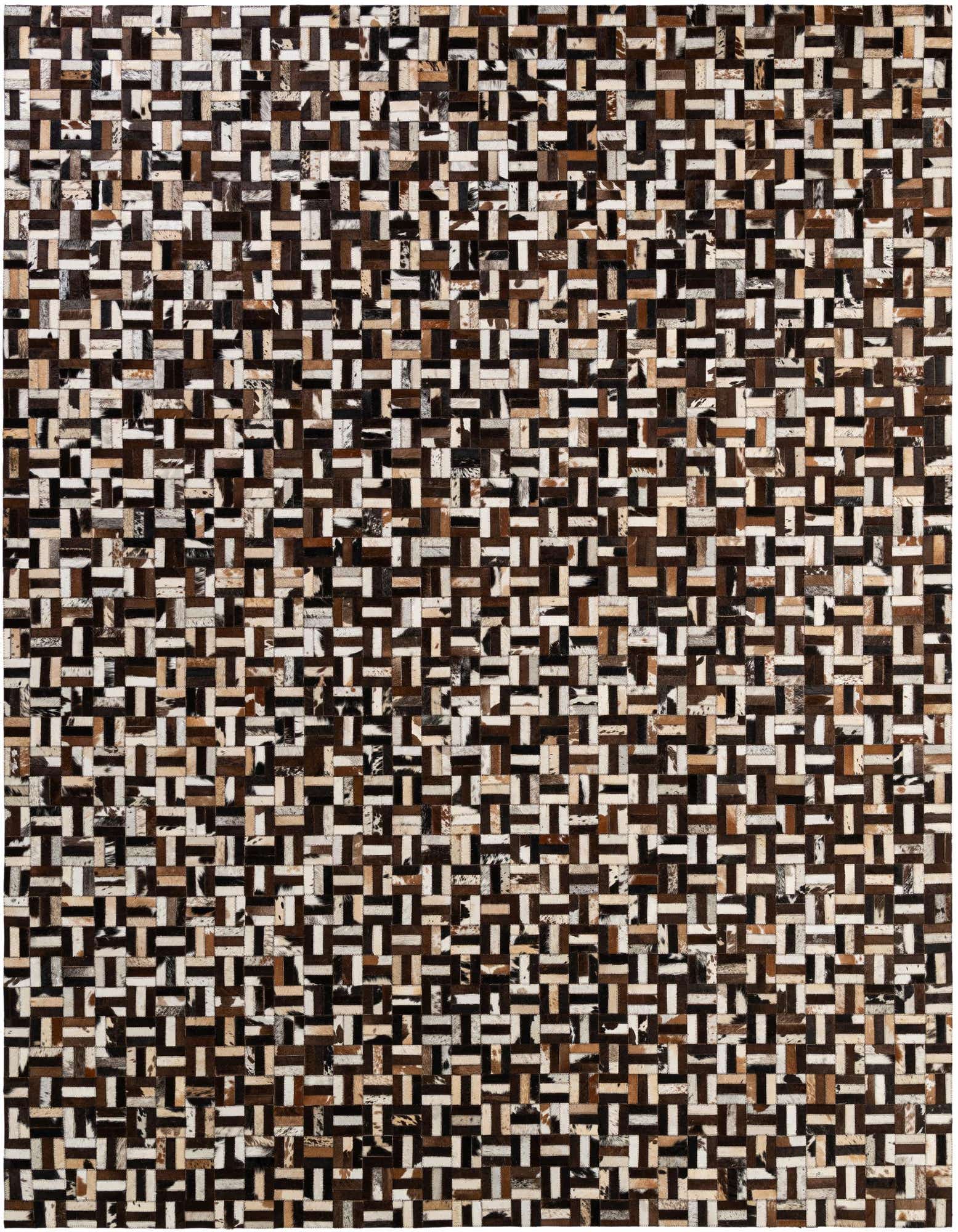 A rectangular 8x10 Cowhide Patchwork rug featuring a modern stripe pattern in multi-colored brown, black, and white tones.