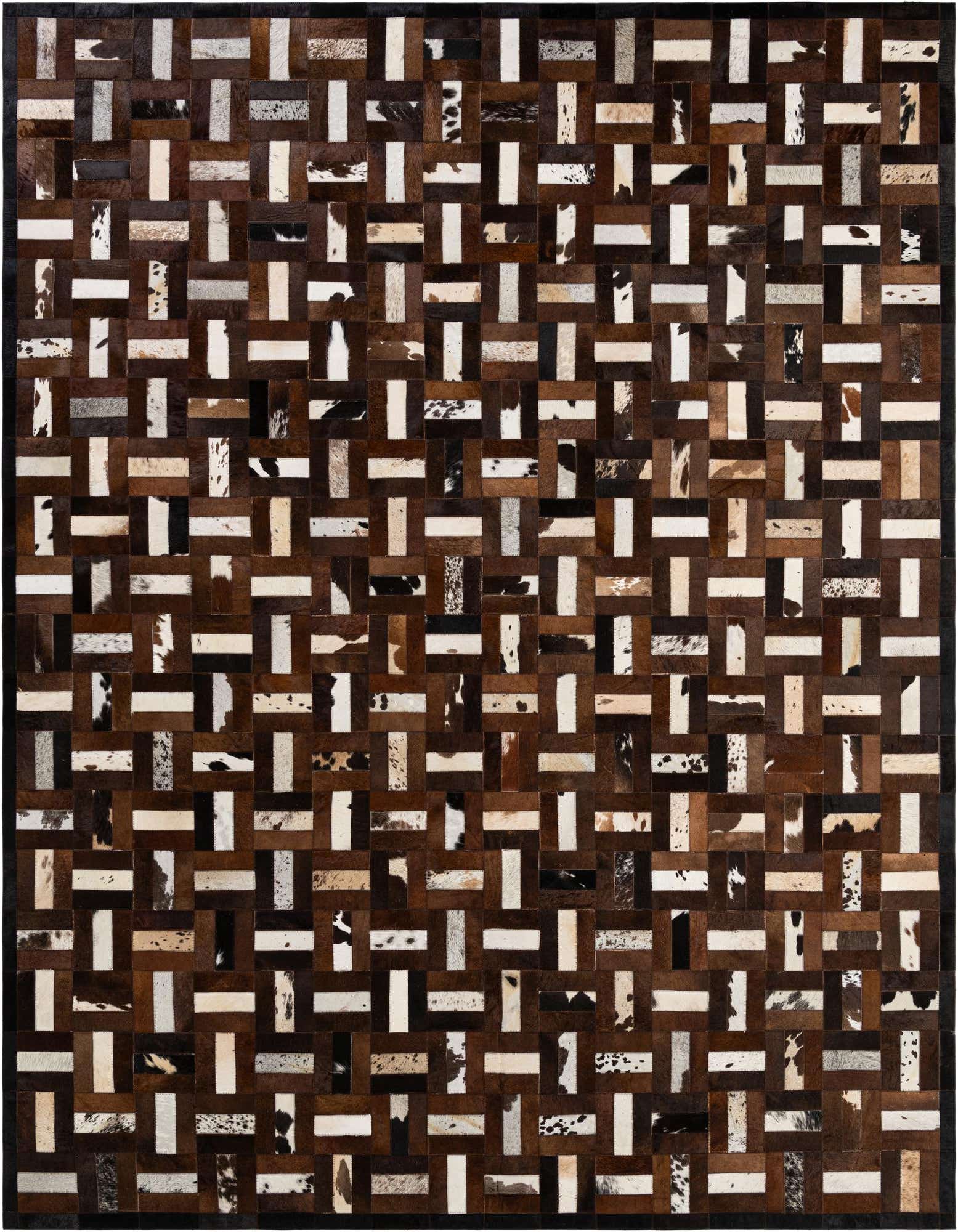 A rectangular 8x10 Cowhide Patchwork rug featuring a modern stripe pattern in various shades of brown, white, and black.