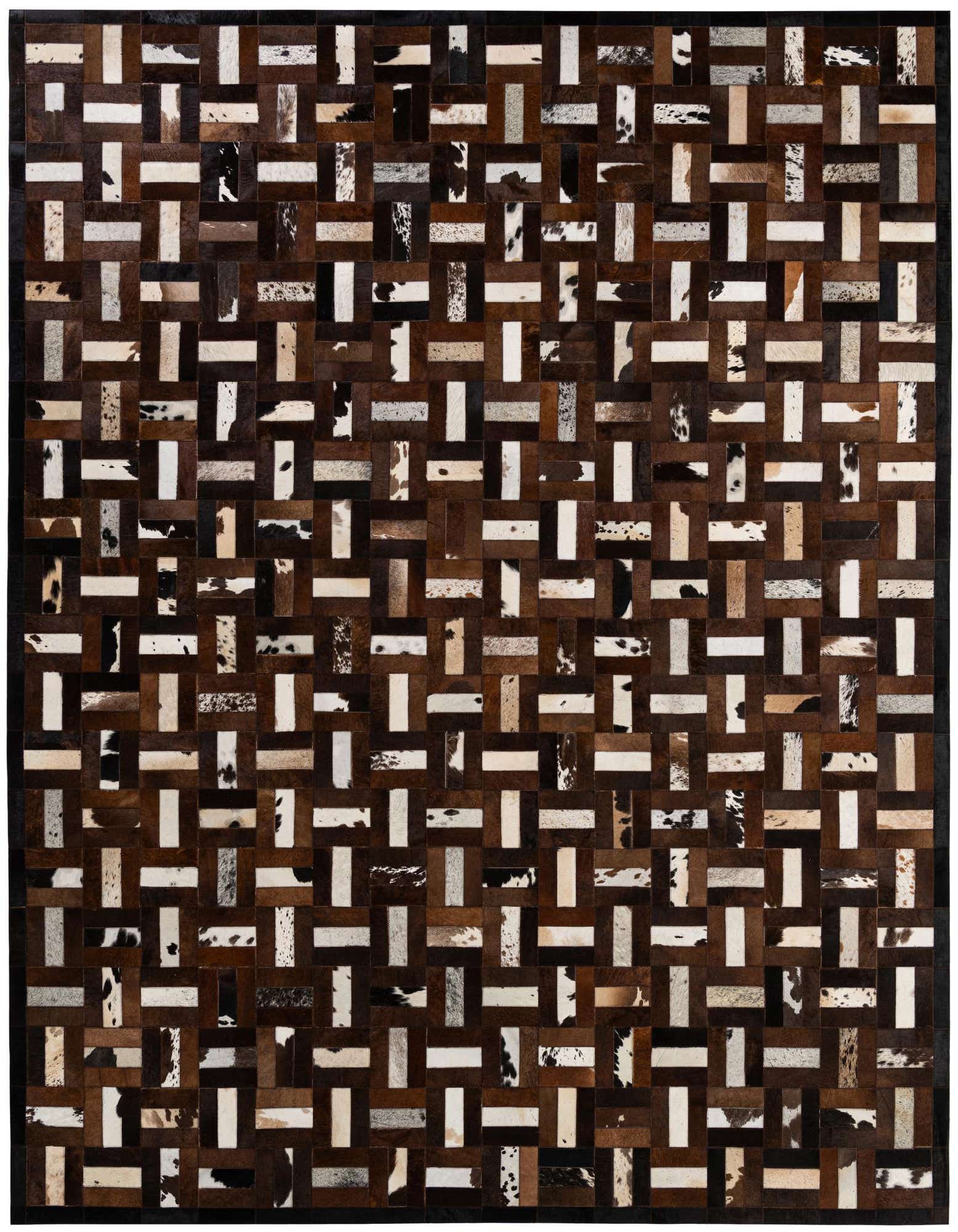 A rectangular 8x10 patchwork cowhide rug featuring a modern stripe pattern in various shades of brown, black, and white.