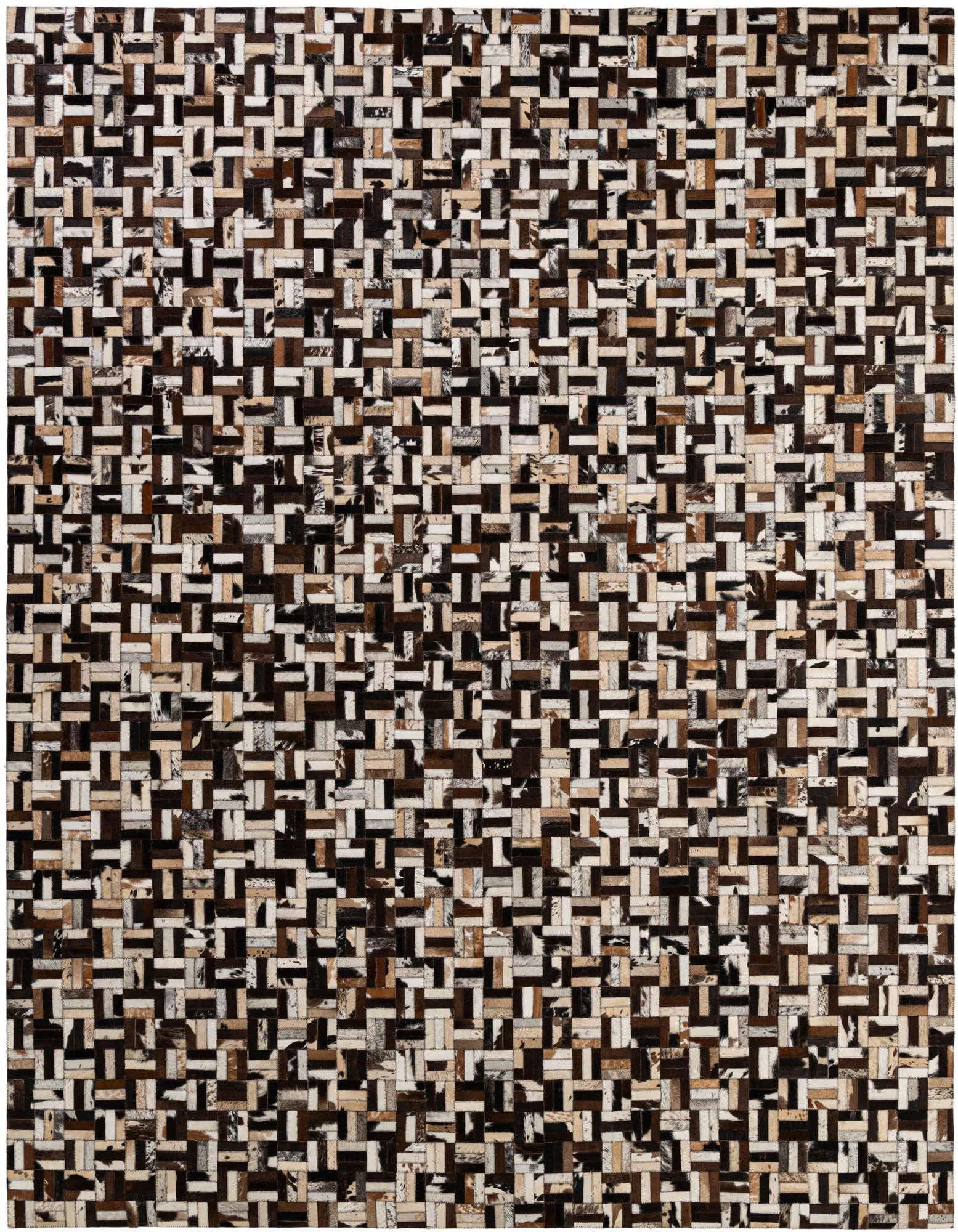 A rectangular 8x10 Cowhide Patchwork rug with a modern stripe pattern in multi-colored brown, black, and white tones.