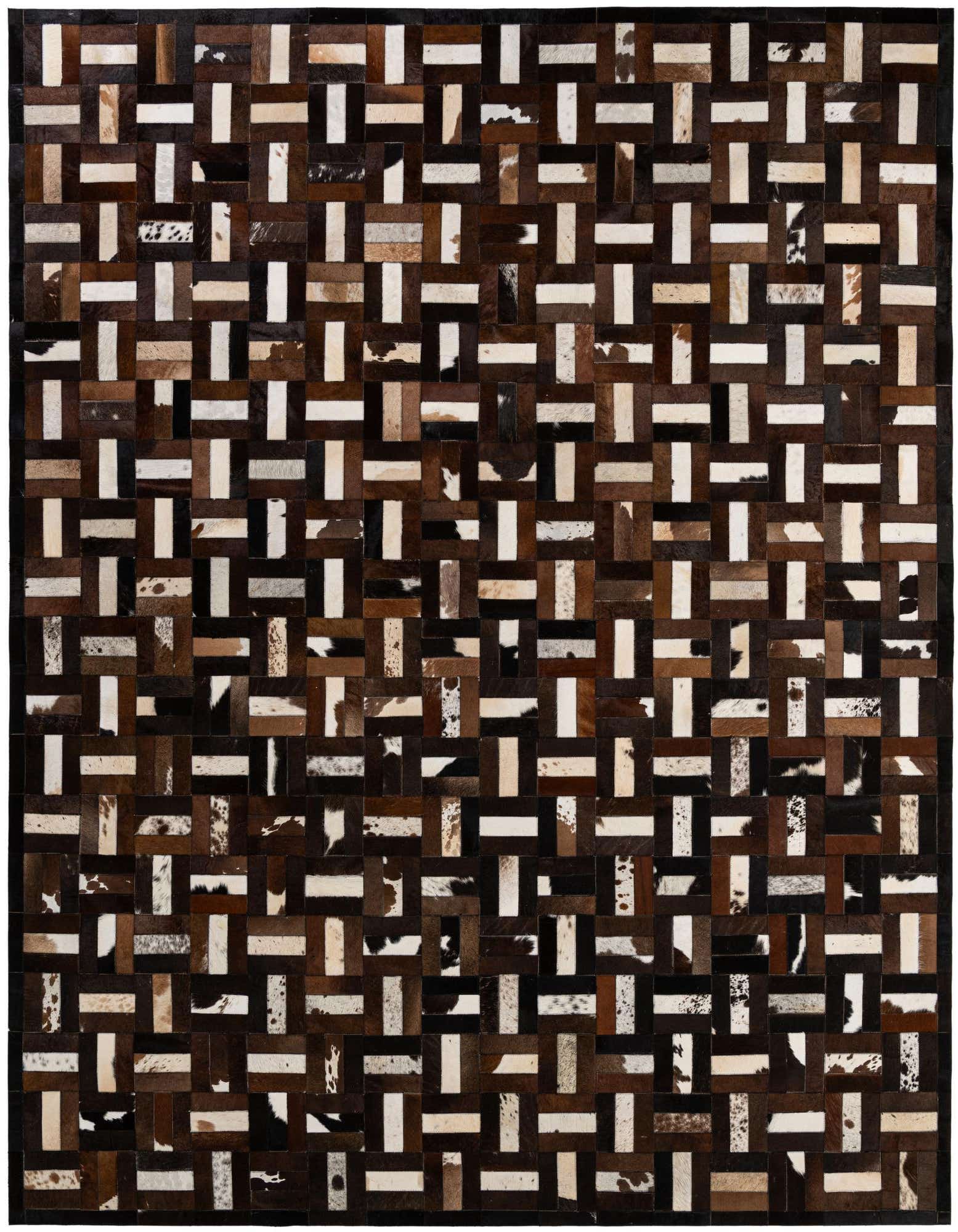 A rectangular 8x10 Cowhide Patchwork rug featuring a modern stripe pattern in multi-colored brown, black, and white tones.