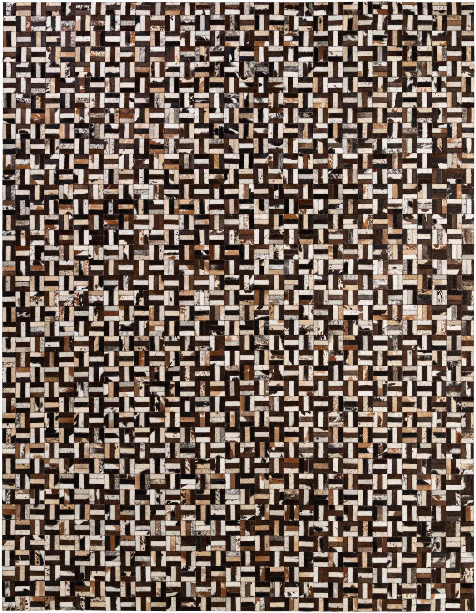 A rectangular 8x10 multi-colored modern cowhide rug featuring a patchwork stripe pattern in various natural brown, black, and white tones.