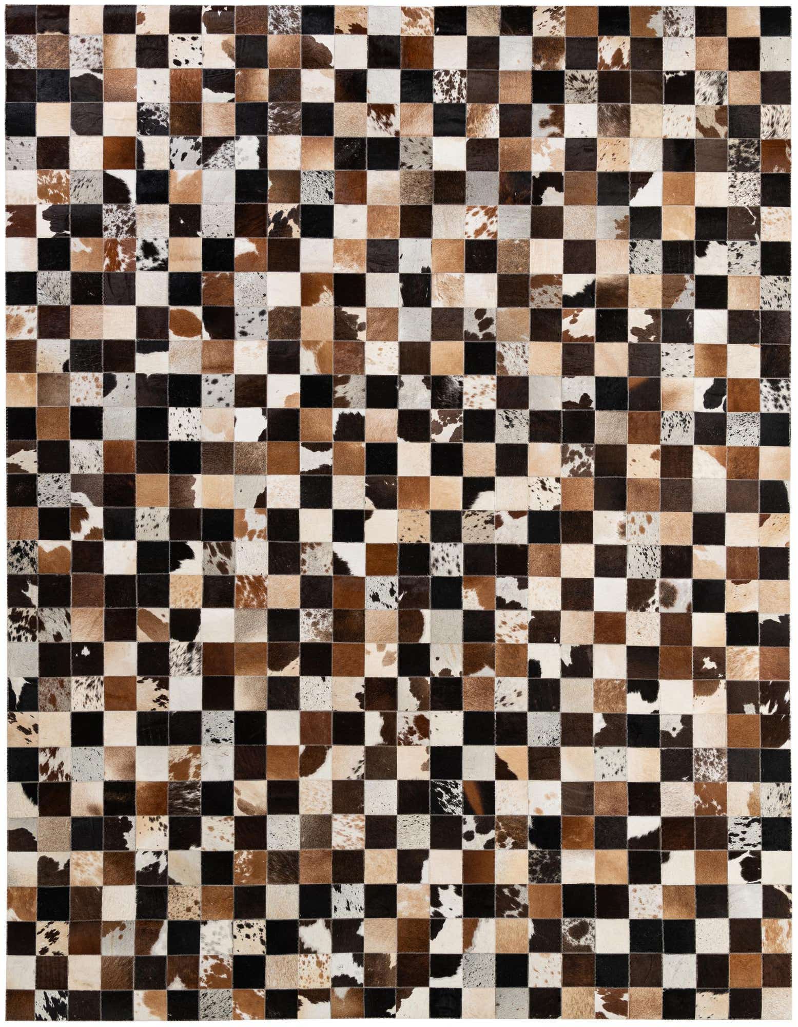 A rectangular 8x10 Cowhide Patchwork rug featuring a checkerboard pattern of multi-colored squares in black, brown, and white tones.