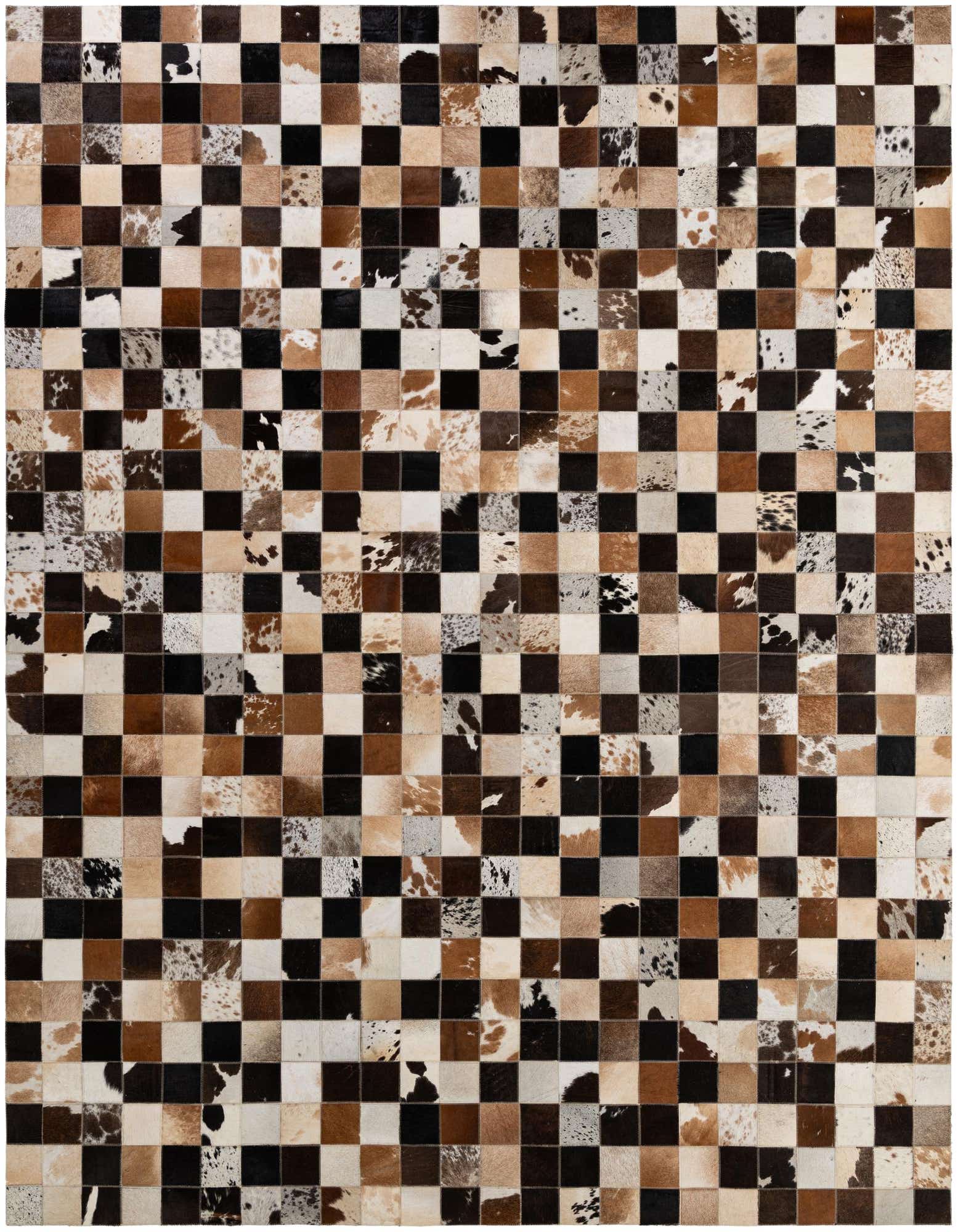 A rectangular 8x10 Cowhide Patchwork rug featuring a modern checkerboard pattern in various shades of brown, black, and white.