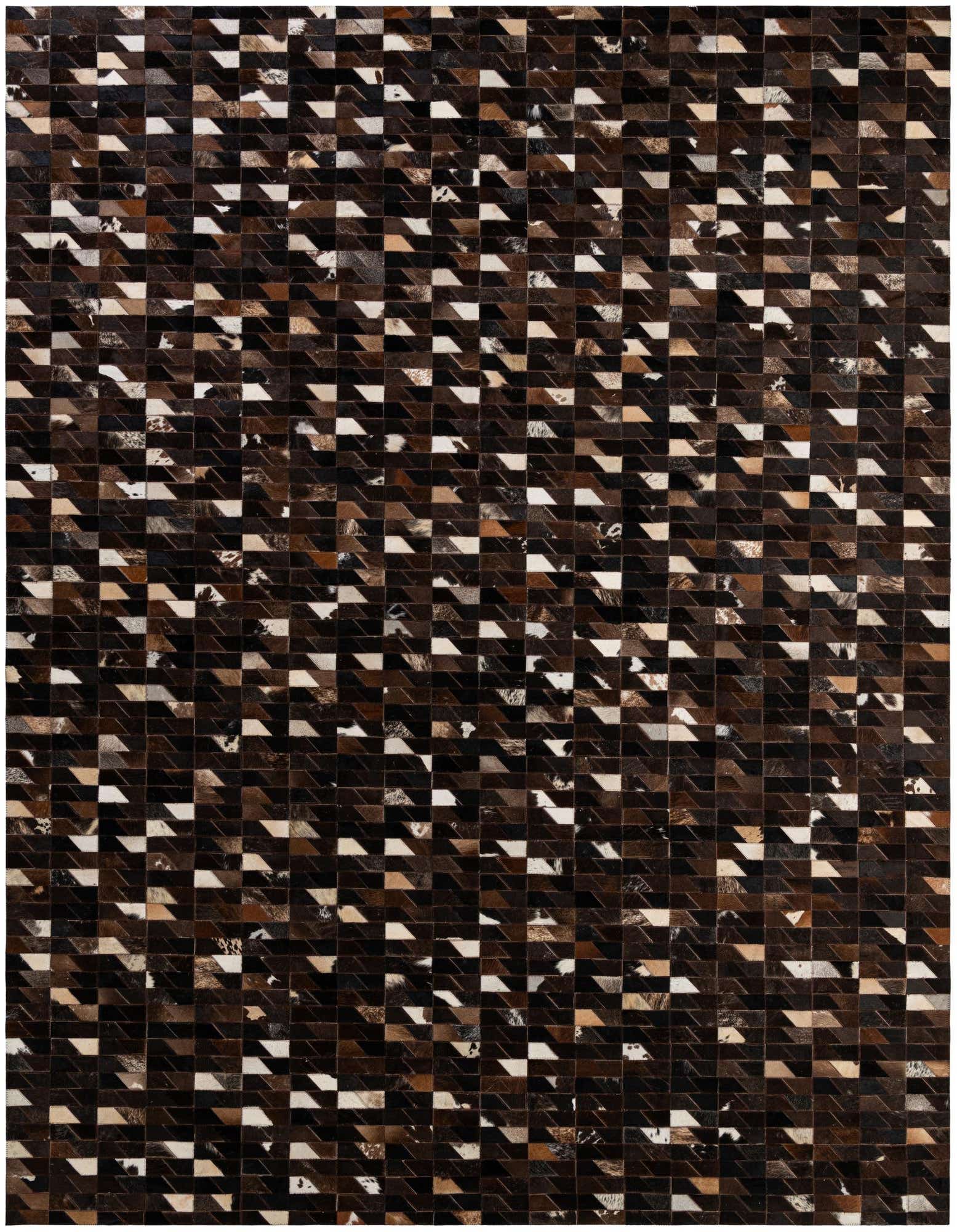 A rectangular 8x10 modern cowhide patchwork rug featuring multi-colored geometric patterns in shades of brown, black, and white.