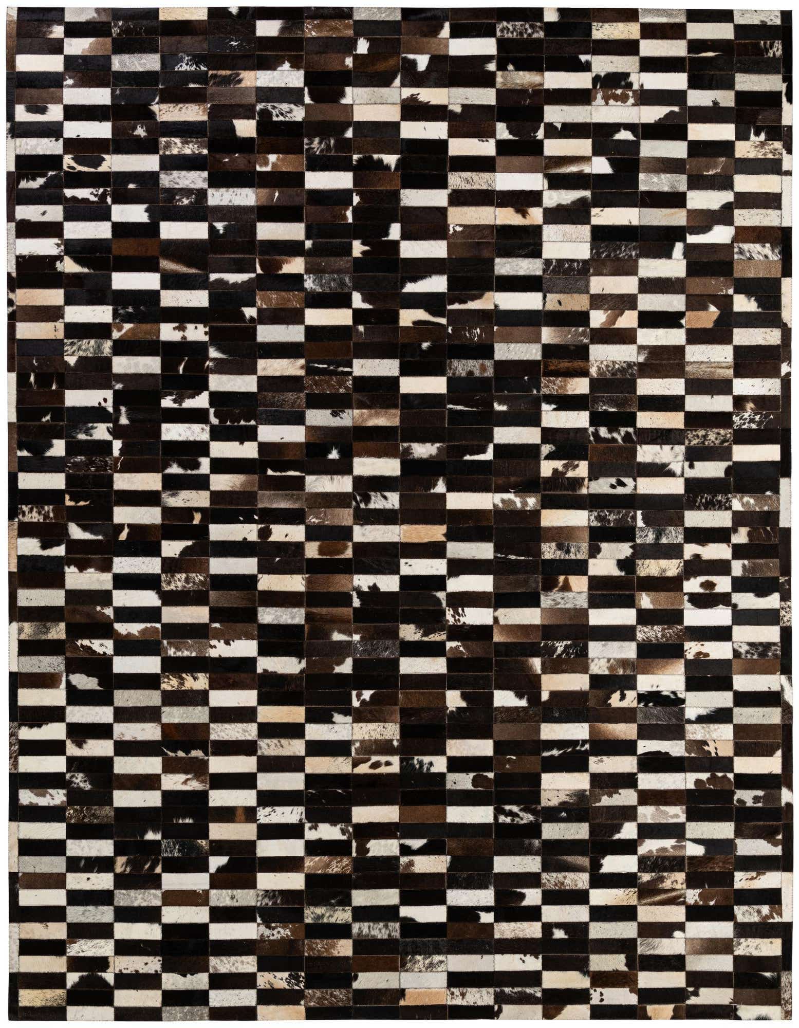 A rectangular 8x10 Cowhide Patchwork rug featuring a modern stripe pattern in multi-colored natural cowhide and leather.