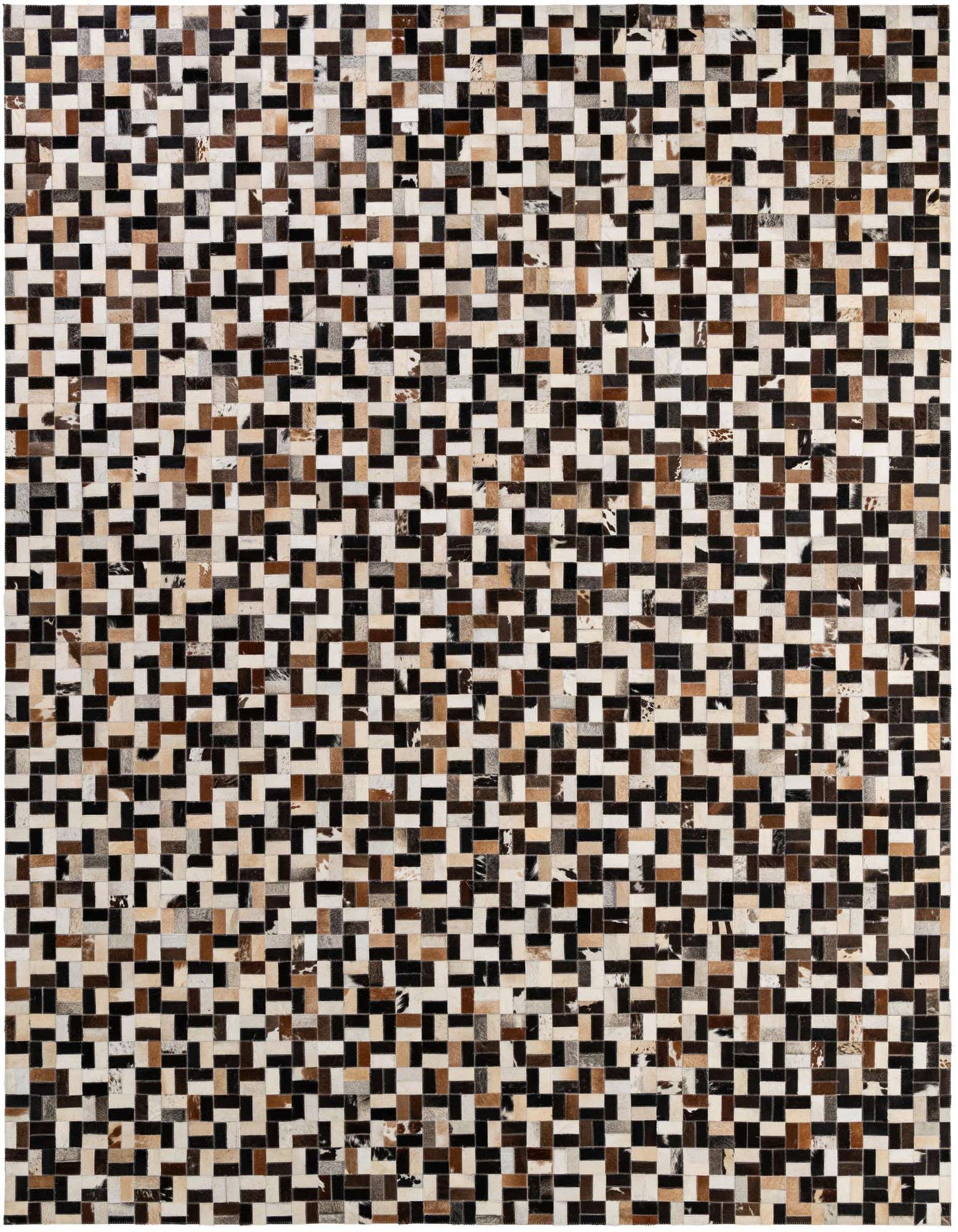 A rectangular 8x10 Cowhide Patchwork rug featuring a modern stripe pattern in multi-colored brown, black, and white tones.