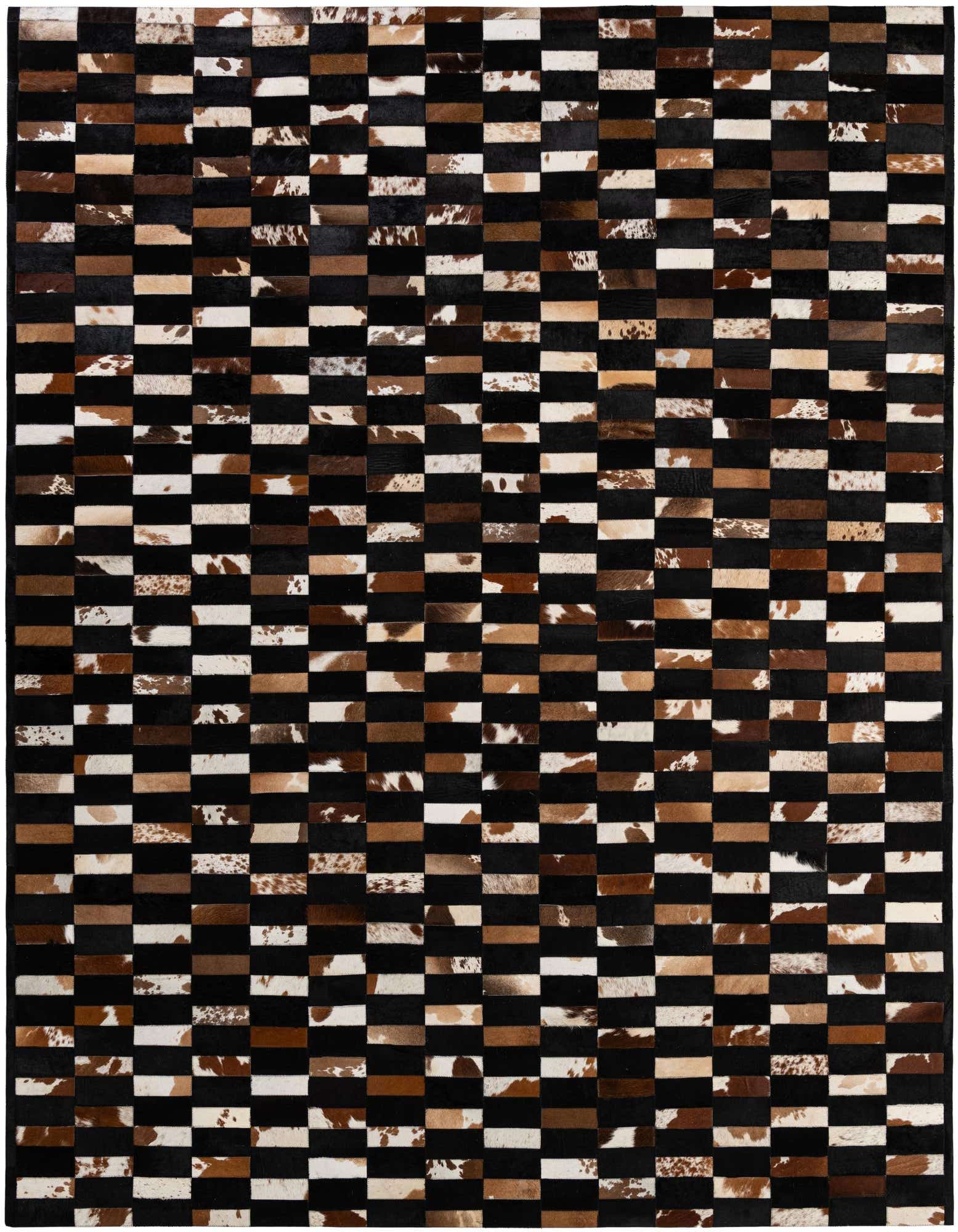 A rectangular 8x10 Cowhide Patchwork rug featuring a modern stripe pattern in multi-colored natural cowhide and black leather.